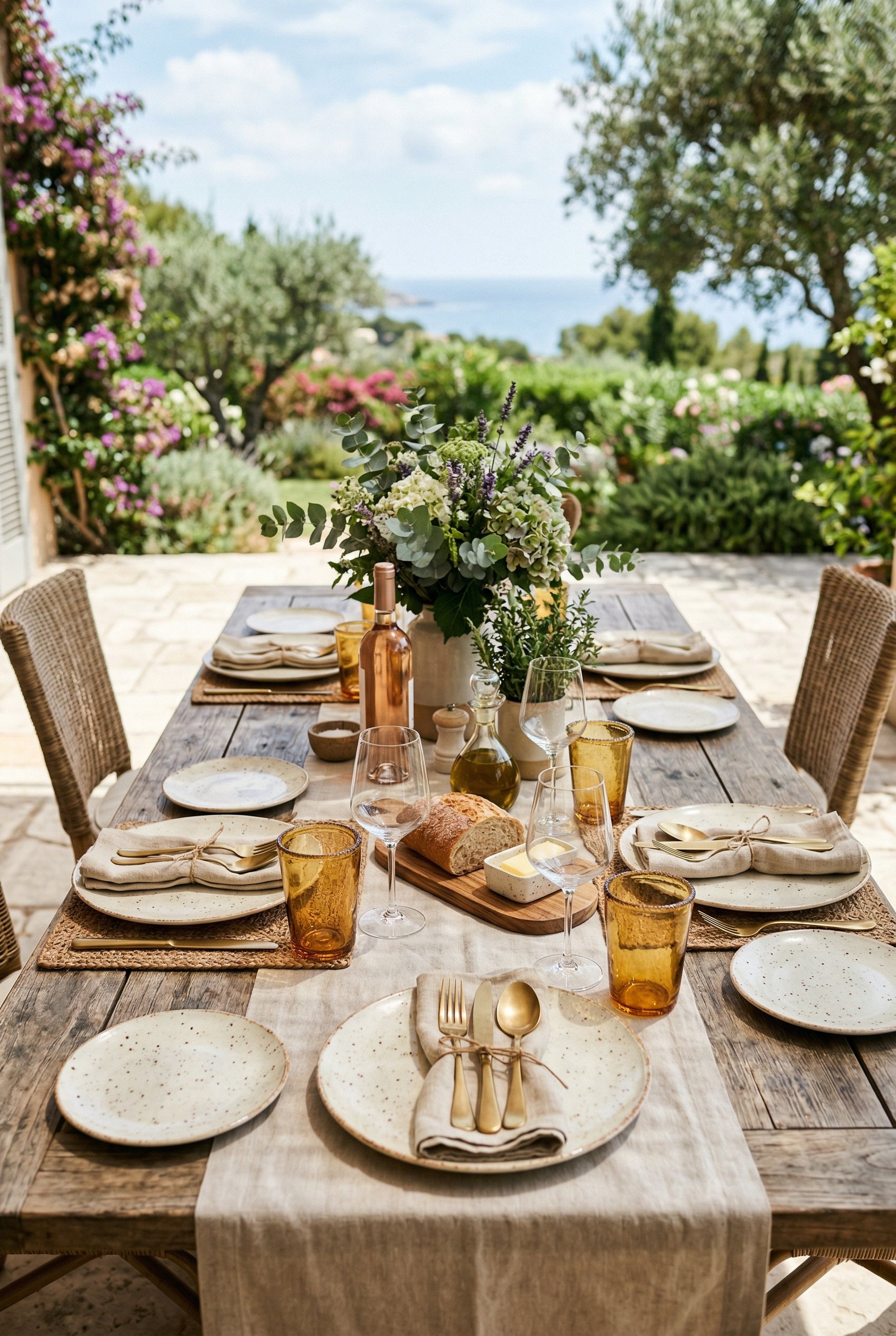Photorealistic interior photo. Outdoor dining table set with high-end speckled cream melamine plates and amber acrylic glasses. Bright summer daylight. Editorial photography style, no people visible.