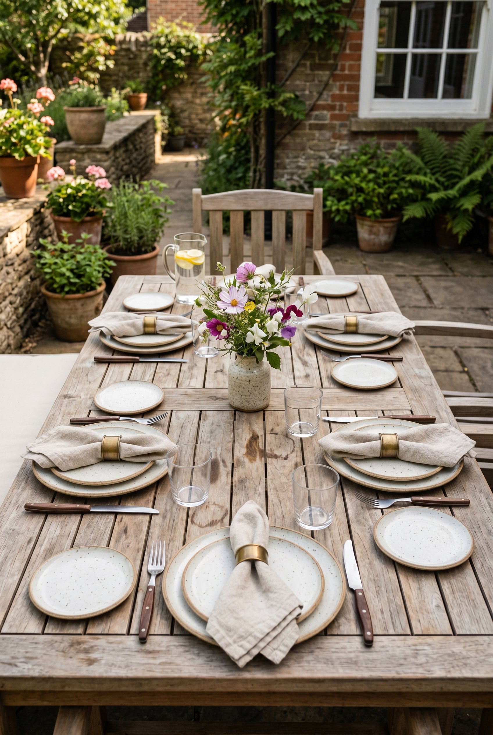 Photorealistic interior photo. Outdoor dining table setting featuring heavy stoneware plates and thick linen napkins bound by solid brass rings. Wooden teak table. Natural sunlight, top-down angle. Ed