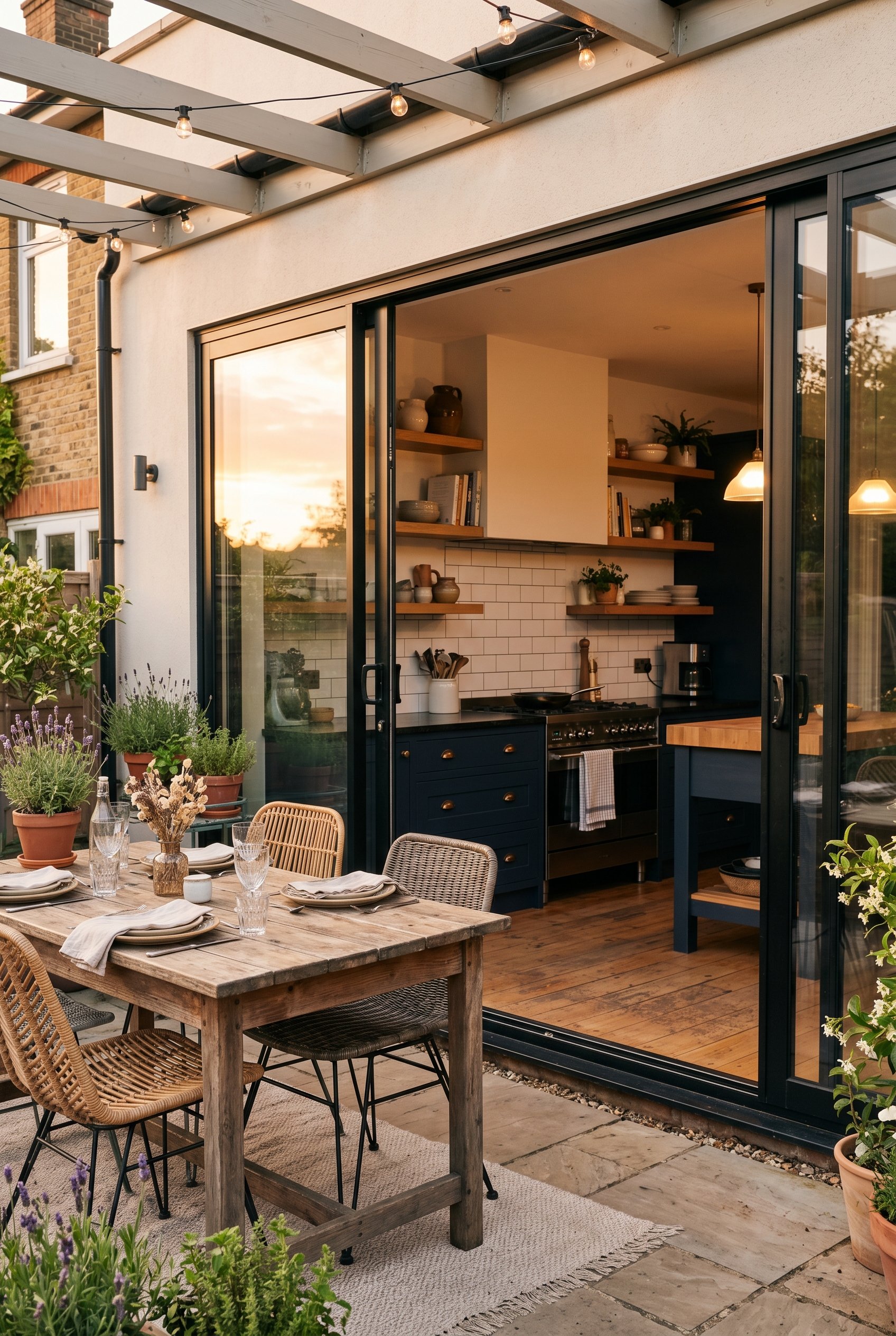 Photorealistic interior photo. Outdoor dining table situated directly next to modern sliding glass kitchen doors. View into the indoor kitchen. Warm sunset lighting, wide angle. Editorial photography 