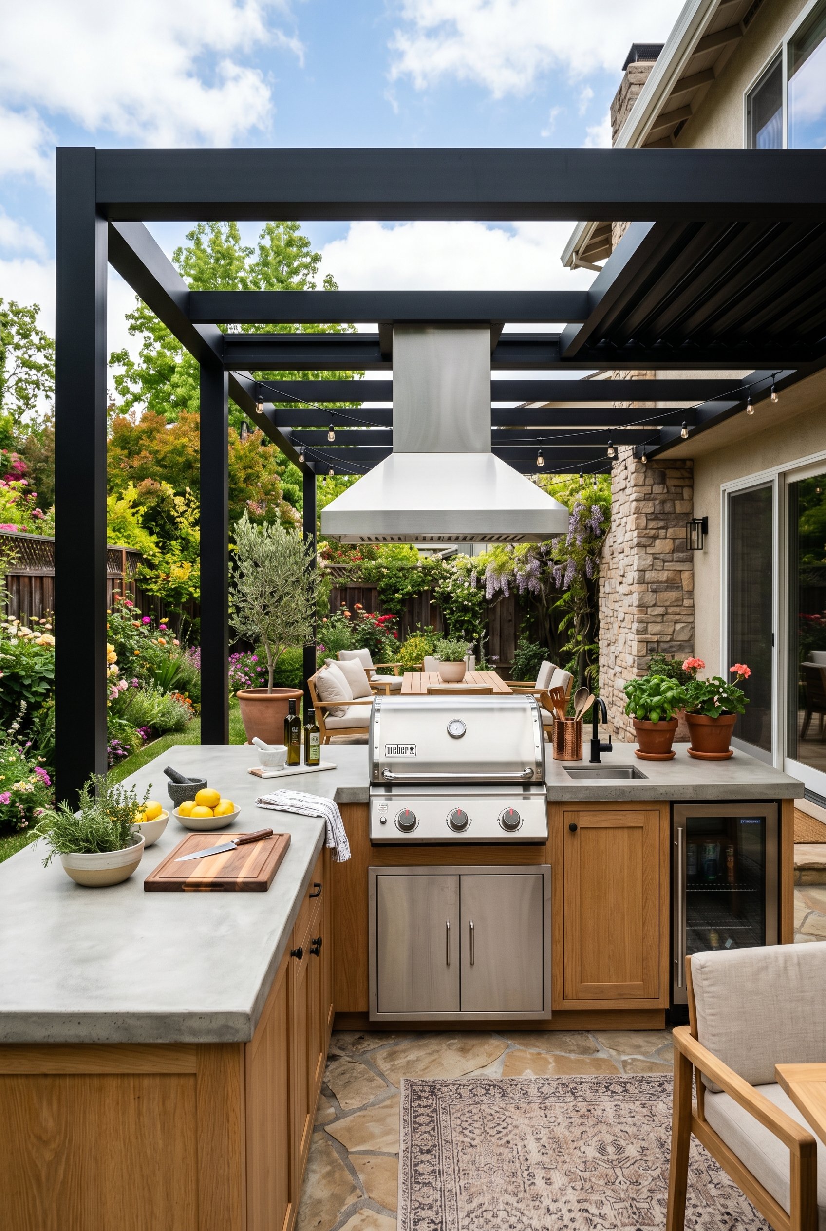 Photorealistic interior photo. Outdoor kitchen under a modern black pergola, open sky section above a stainless steel grill station, concrete countertops, bright daylight, angled perspective. Editoria