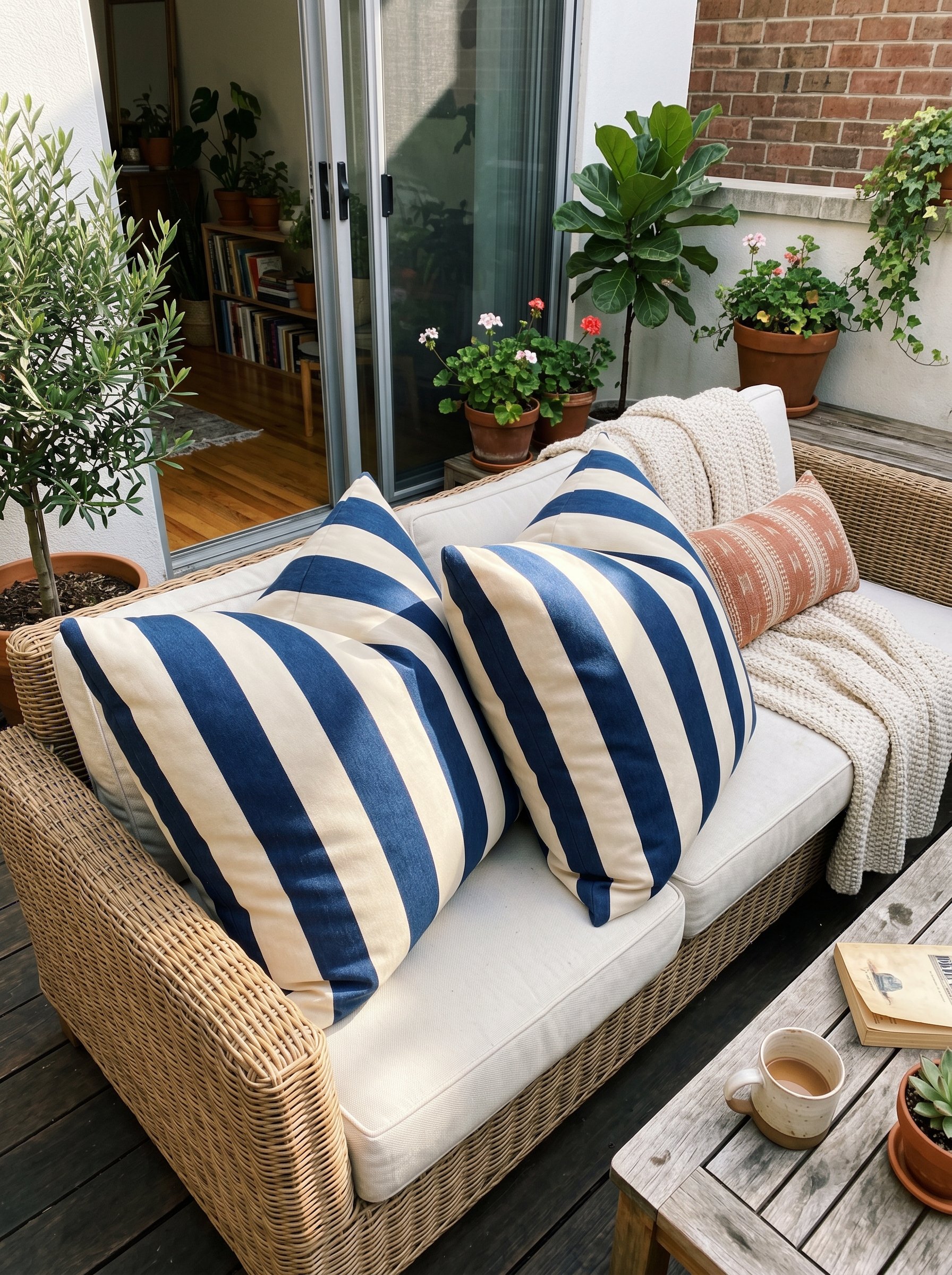 Photorealistic interior photo. Oversized cabana stripe Sunbrella throw pillows resting on an outdoor sofa, bright harsh sunlight, tight crop angle. Editorial photography style, no people visible.