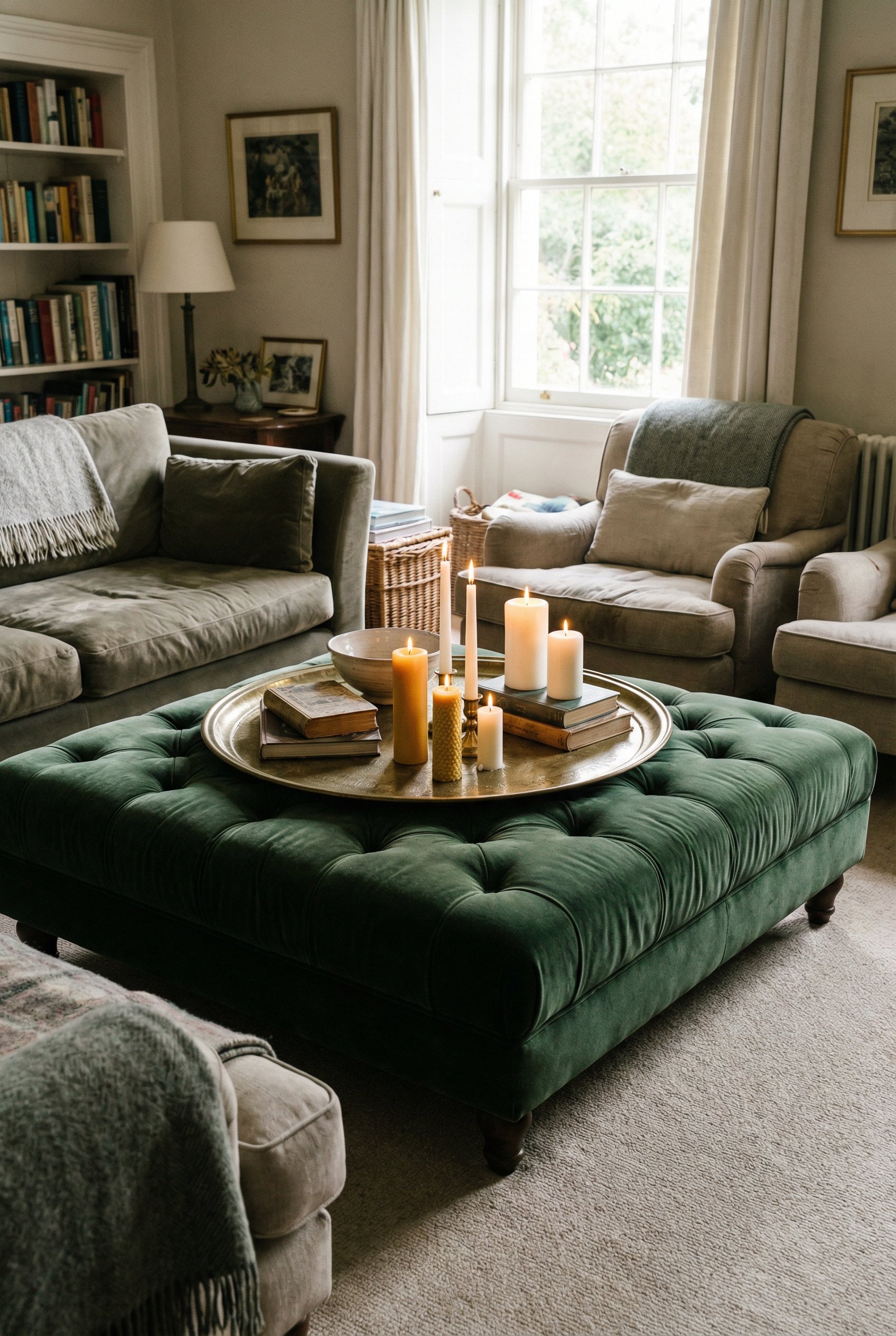Photorealistic interior photo. Oversized dark green upholstered ottoman serving as a coffee table, vintage brass tray on top with candles, casual family-friendly layout. Editorial photography style, n