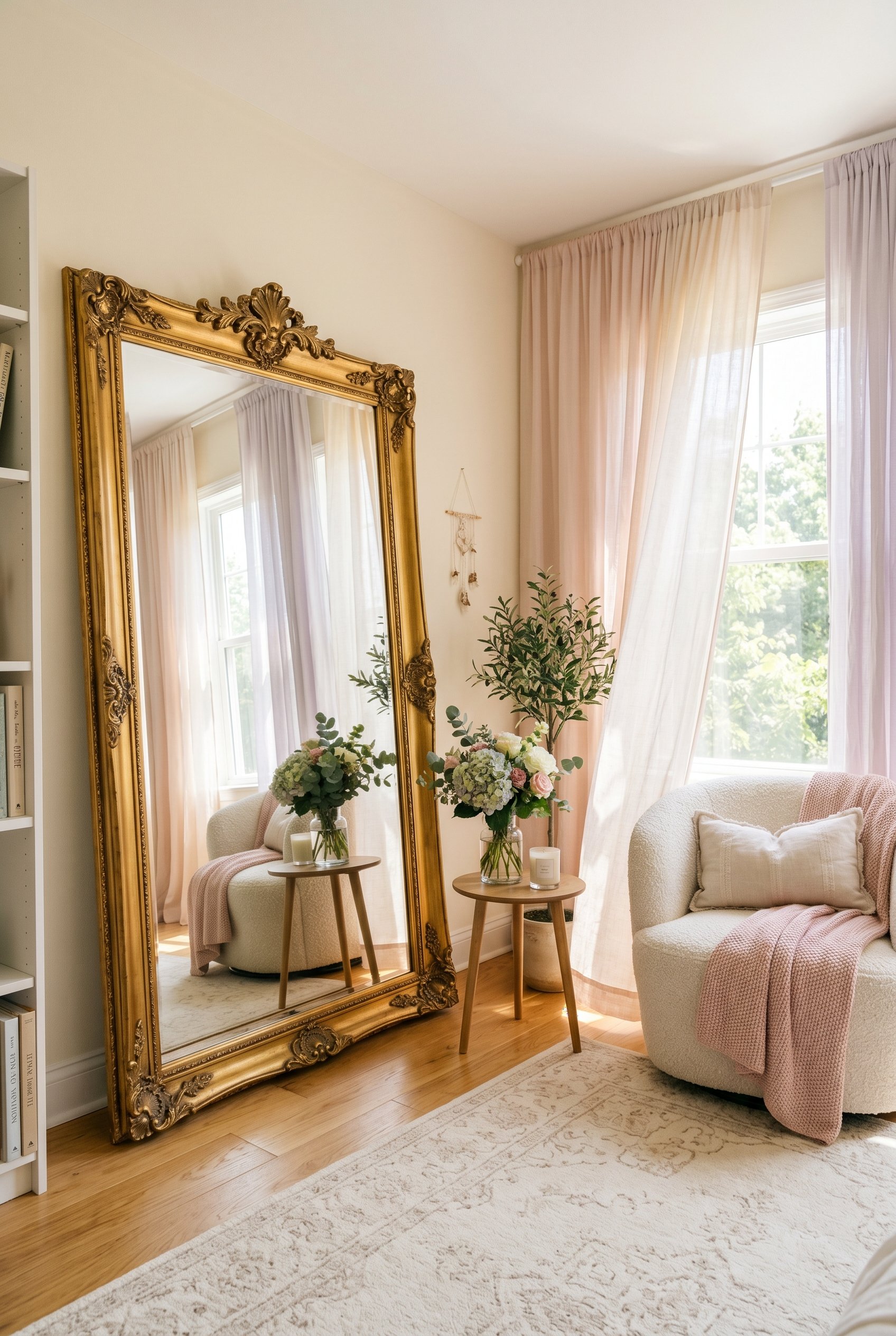 Photorealistic interior photo. Oversized gold-framed floor mirror leaning against a wall, floor-to-ceiling sheer pastel drapes filtering bright sunlight, airy feminine aesthetic, wide camera angle. Ed