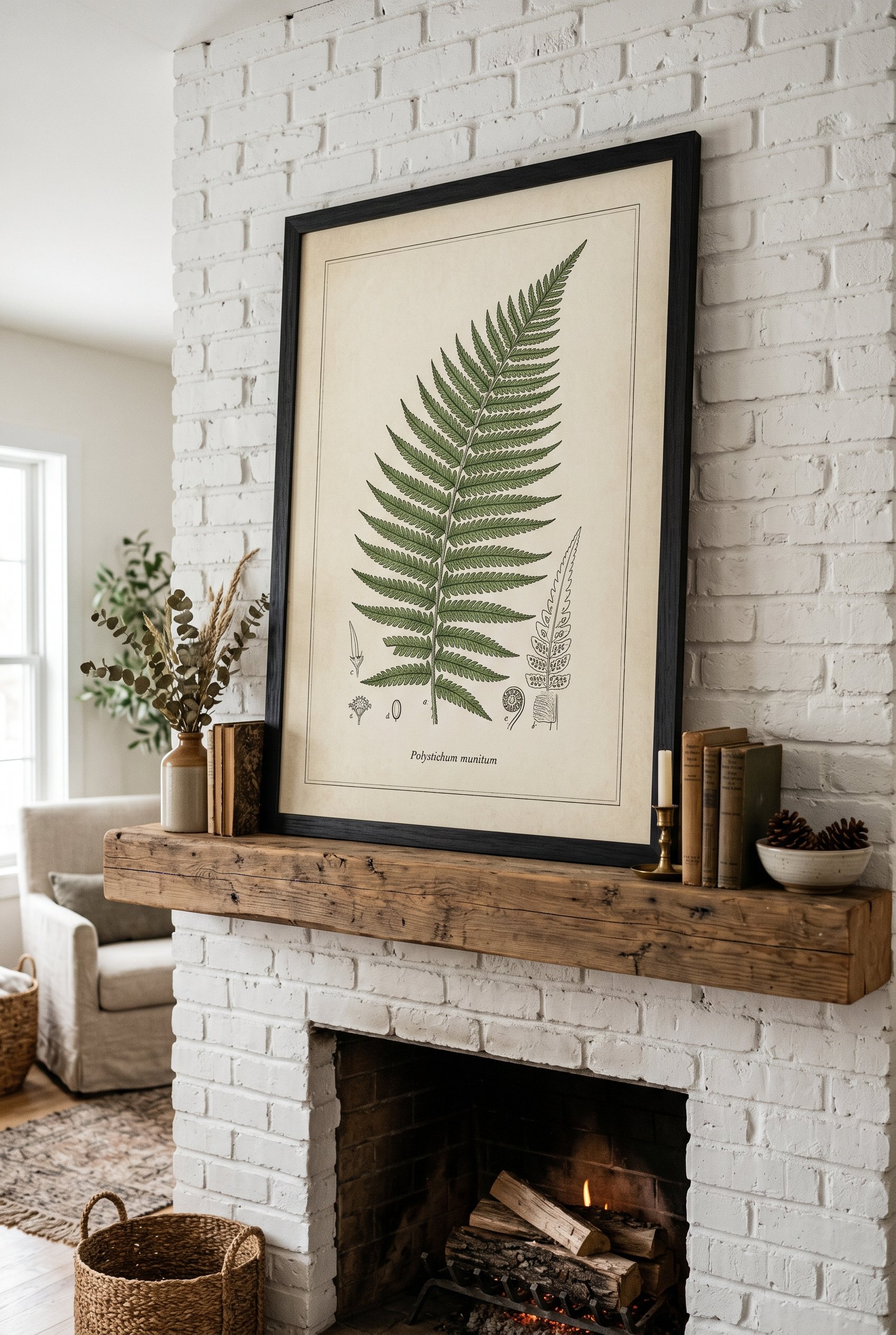 Photorealistic interior photo. Oversized vintage botanical sketch of a fern leaf, printed on matte paper, housed in a simple black frame leaning against a white brick fireplace wall above a mantel. Ed