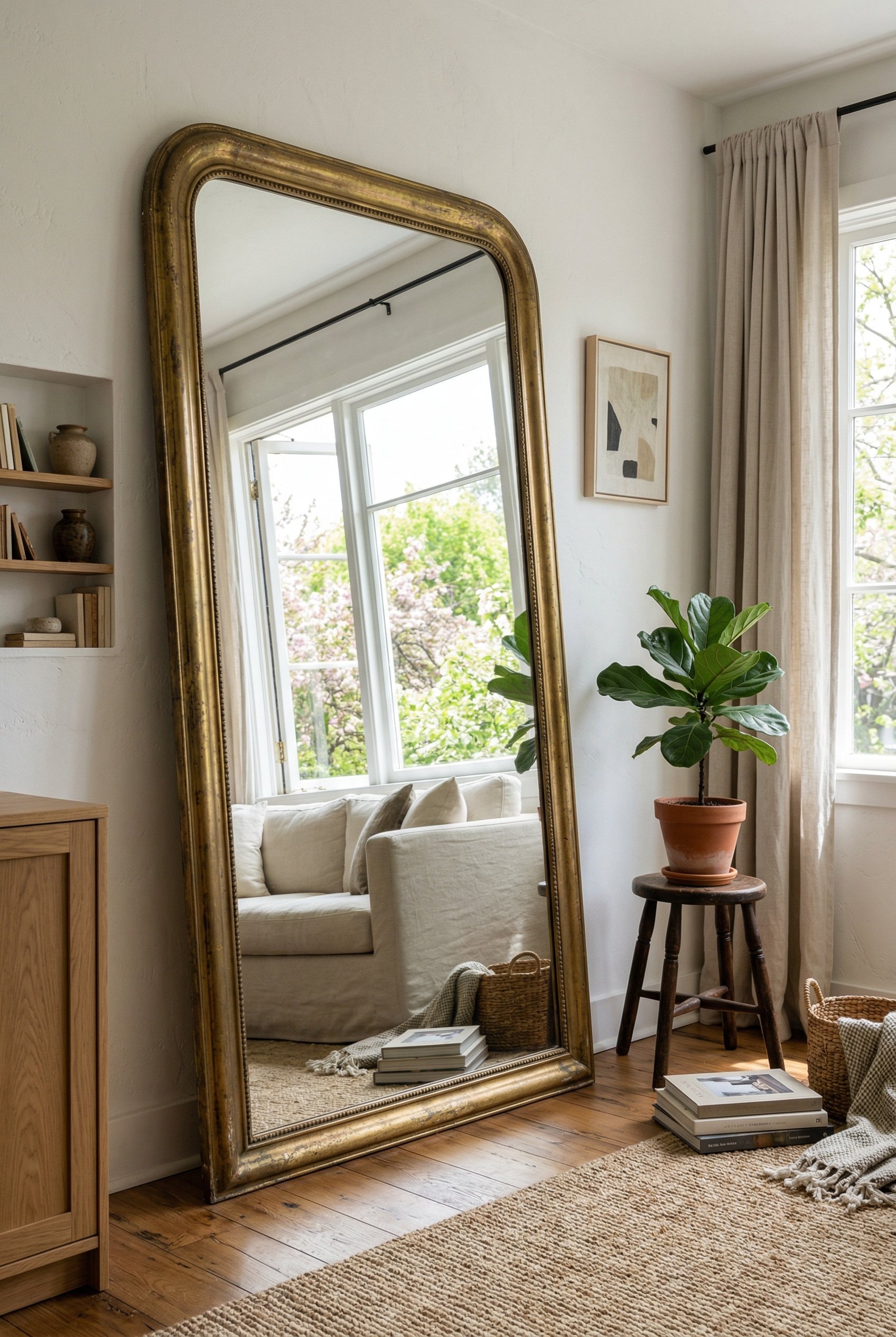 Photorealistic interior photo. Oversized vintage brass floor mirror leaning against a white wall in a living room, reflecting a bright open window and spring sunlight. Editorial photography style, no 