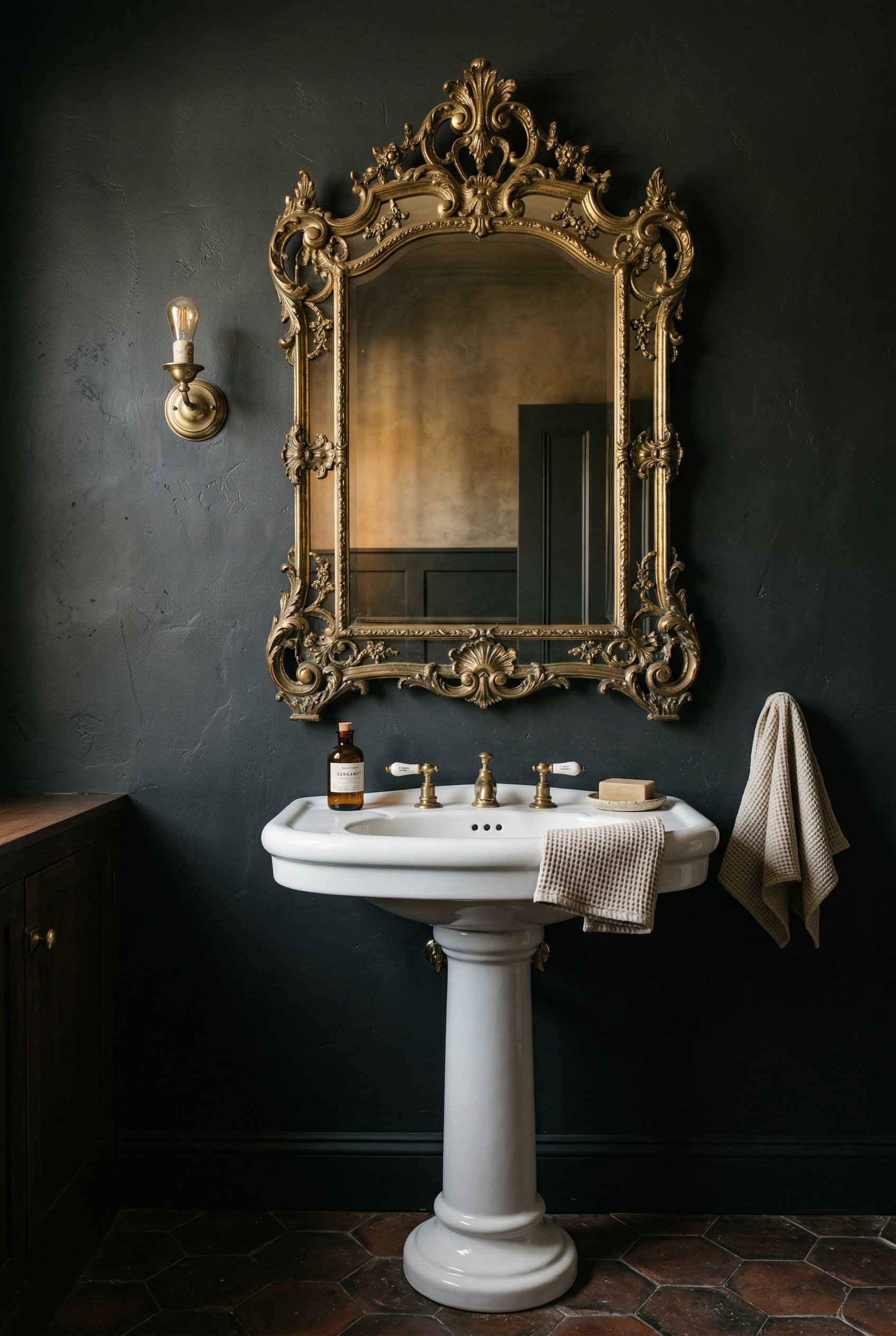 Photorealistic interior photo. Oversized vintage ornate brass mirror hanging above a pedestal sink against a very dark grey wall. Intricate frame details. Editorial photography style, straight-on angl