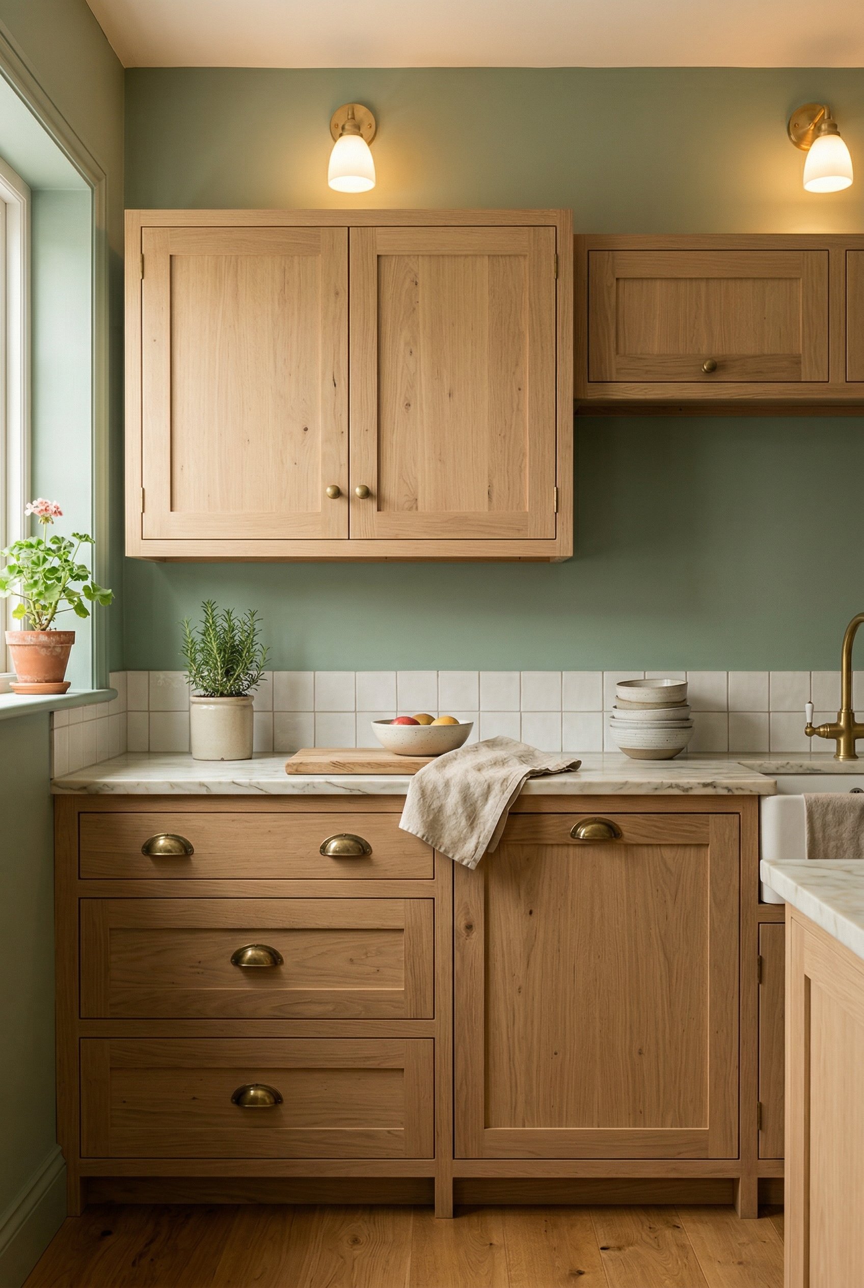 Photorealistic interior photo. Pale honey oak kitchen cabinets with unlacquered brass cup pulls, matte sage green painted walls, warm lighting, close up straight-on angle. Editorial photography style,