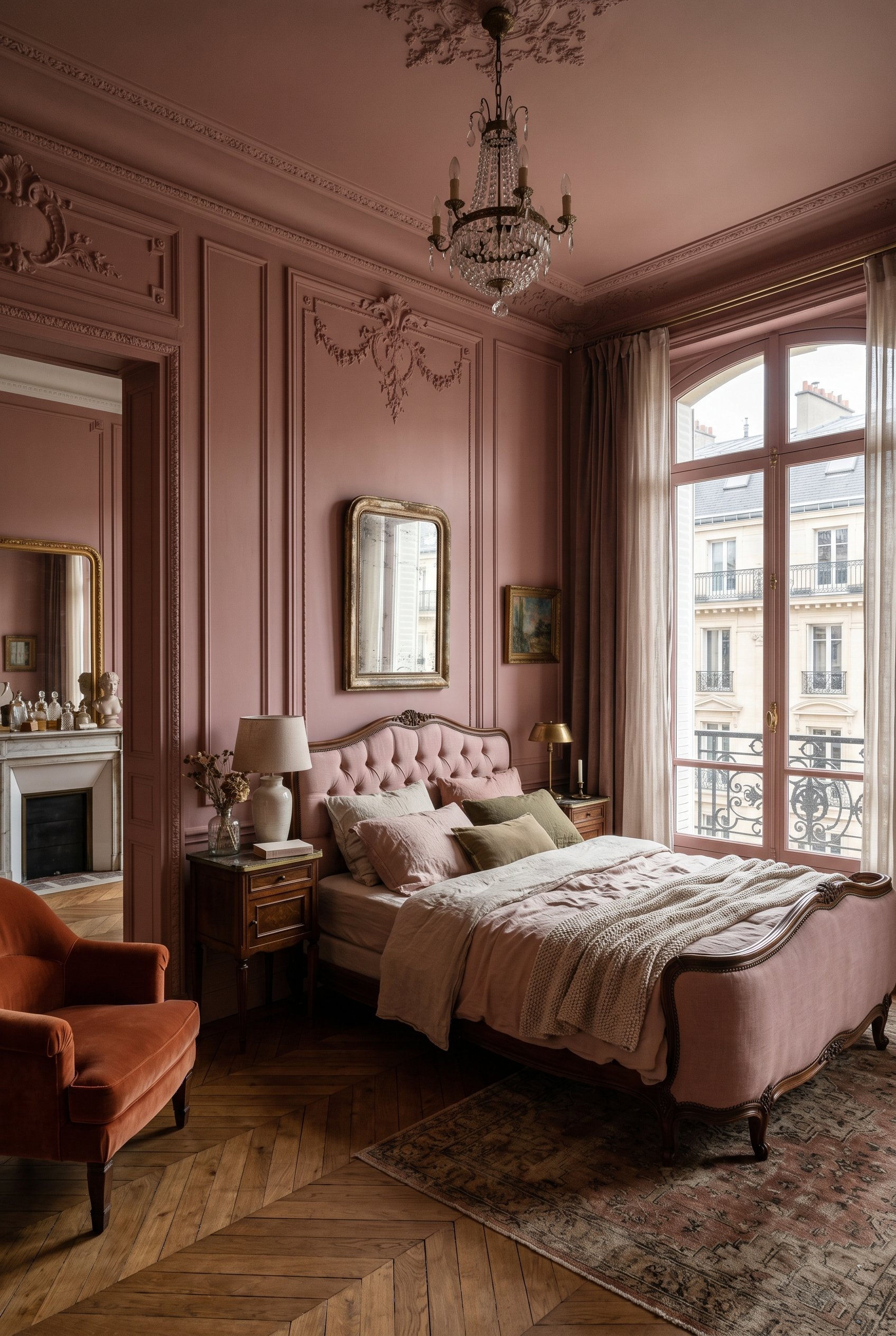 Photorealistic interior photo. Parisian style bedroom, moody dusty pink painted walls with intricate applied picture molding, natural light, wide angle. Editorial photography style, no people visible.