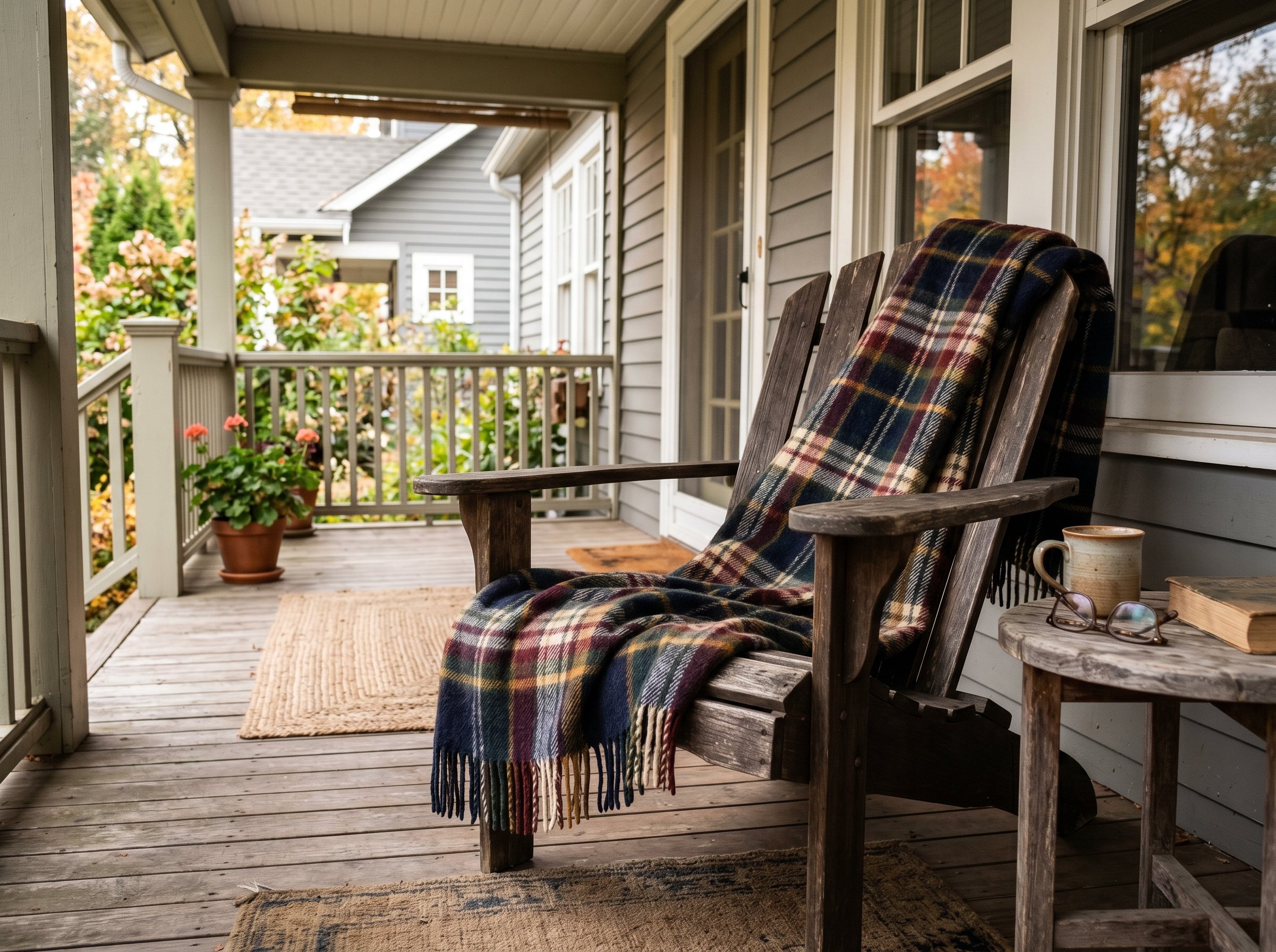 Photorealistic interior photo. Plaid vintage wool blanket casually draped over a wooden Adirondack chair on a porch. Crisp morning light highlighting the wool texture, angled camera perspective, edito