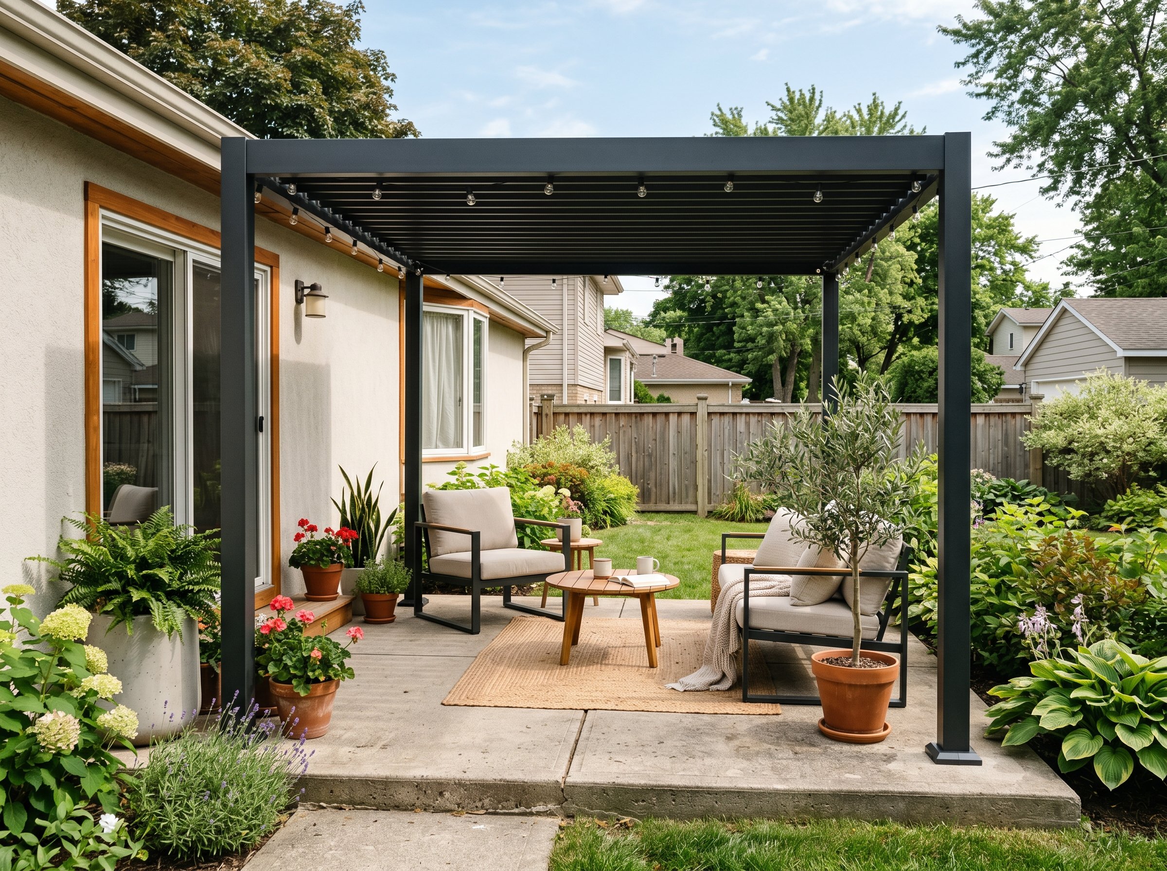 Photorealistic interior photo. Prefab dark grey metal pergola on poured concrete patio, simple modern outdoor lounge chairs, bright daylight, slightly elevated camera angle. Editorial photography styl
