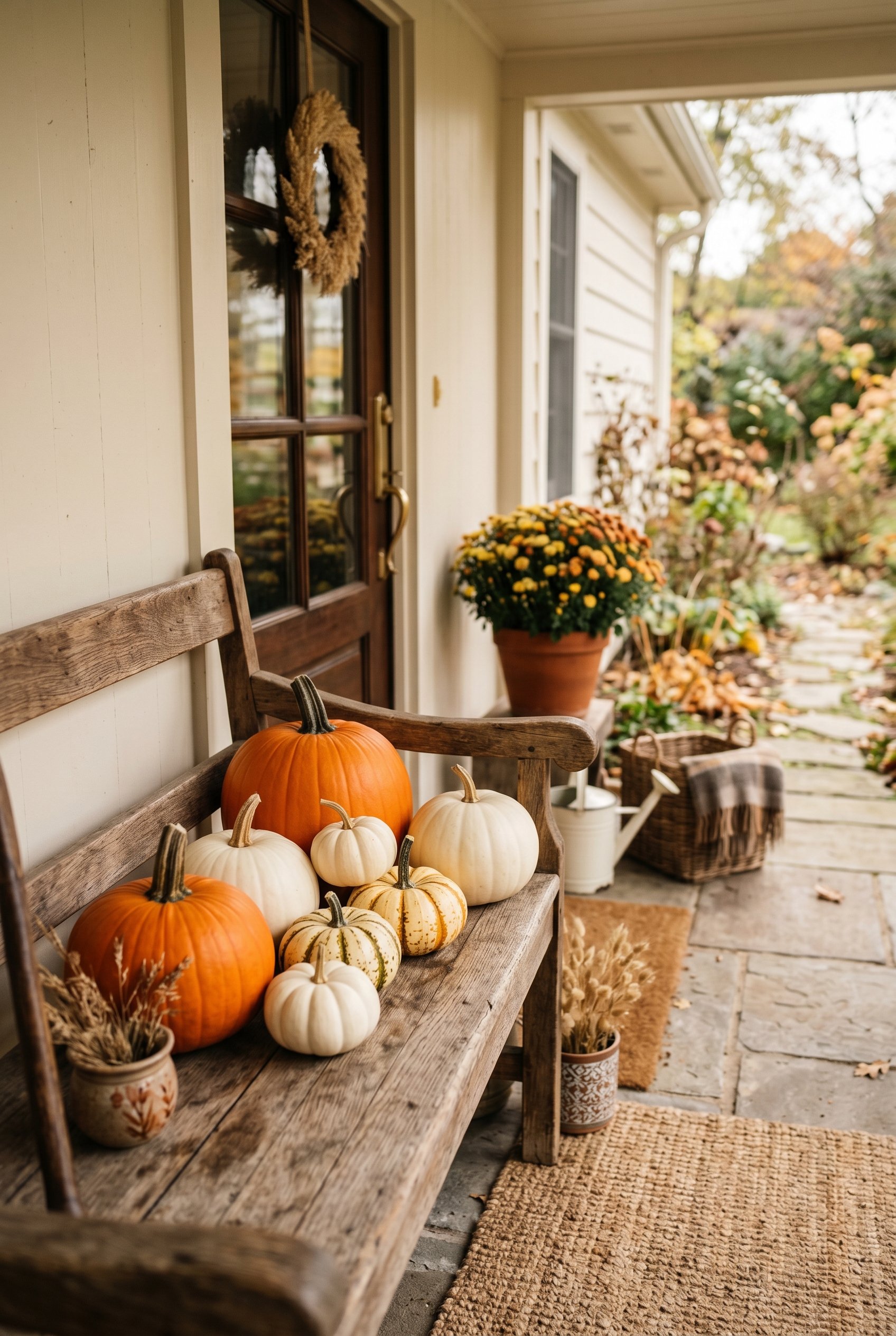 Photorealistic interior photo. Pristine, unblemished orange and white real pumpkins sitting on a wooden porch bench. Soft morning light, sharp focus on the pumpkin texture, editorial photography style