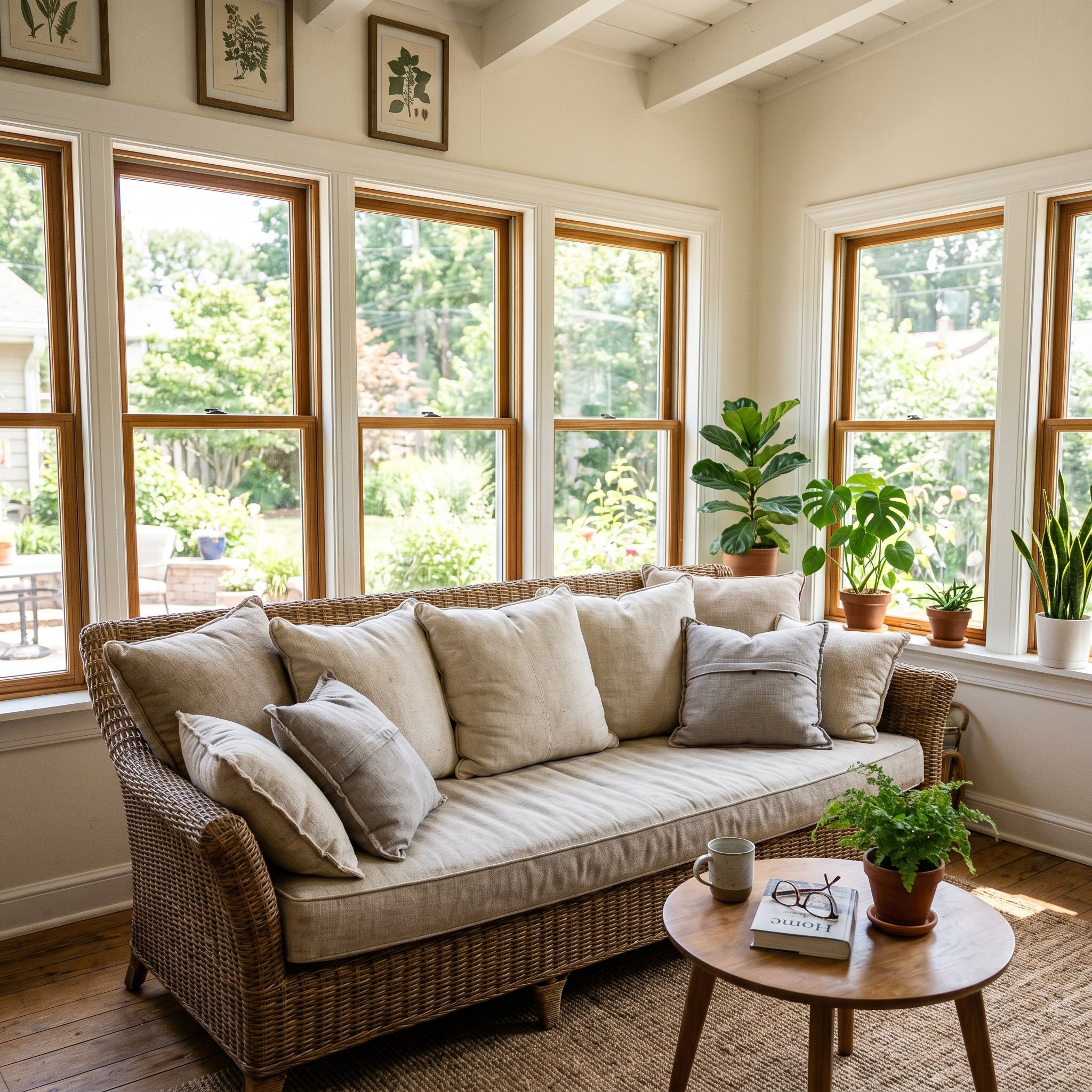 Photorealistic interior photo. Rattan sunroom sofa covered in thick, soft linen-like Sunbrella outdoor pillows, envelope-cover stitching visible, bright natural light. Editorial photography style, no 