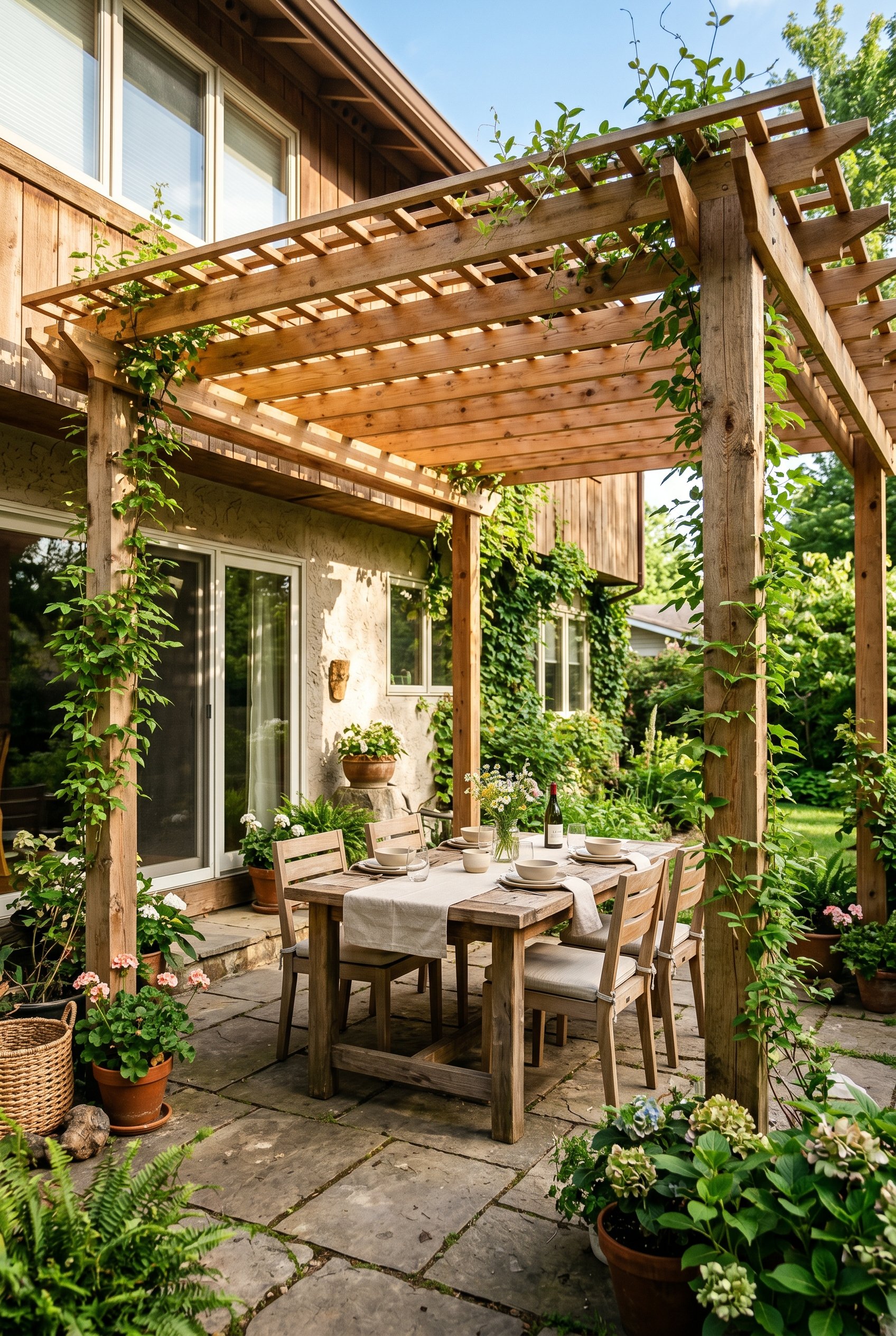 Photorealistic interior photo. Raw cedar wooden pergola framing a large outdoor dining table. Green climbing vines starting to grow up the posts. Bright, dappled sunlight filtering through the top. Ed