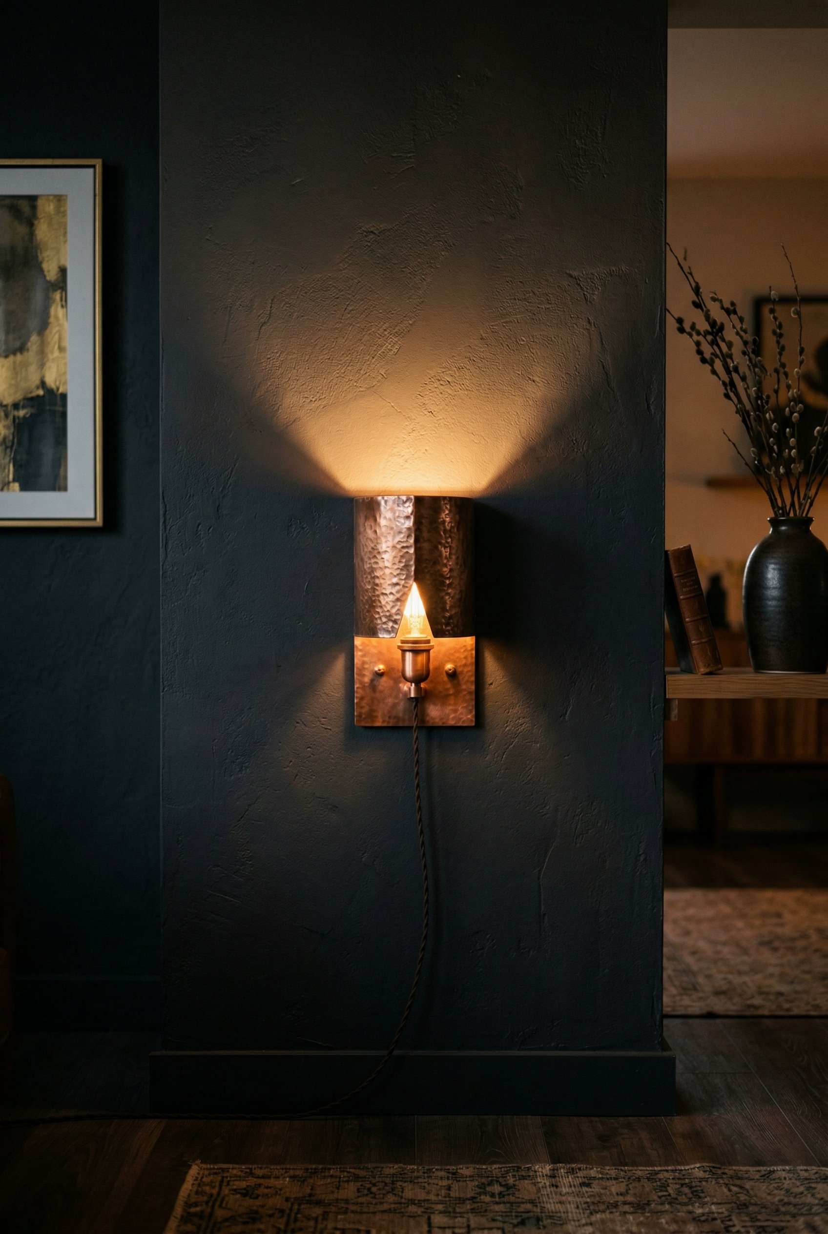 Photorealistic interior photo. Raw copper wall sconce mounted on a dark charcoal painted wall, casting a warm triangular light upwards, evening lighting, straight-on angle. Editorial photography style