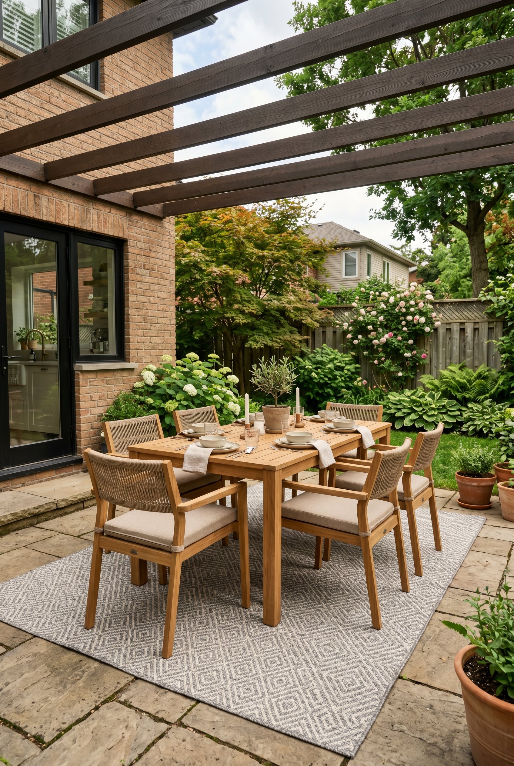 Photorealistic interior photo. Recycled PET outdoor rug with a subtle geometric pattern under a modern outdoor dining set. Lush green backyard background. Natural daylight, wide angle. Editorial photo