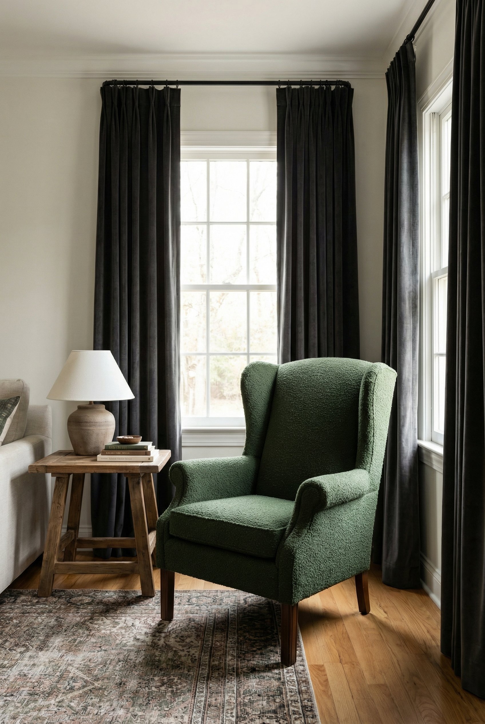 Photorealistic interior photo. Restored vintage wingback chair freshly upholstered in modern deep green boucle fabric, sitting next to a heavy draped window. Natural lighting, eye-level camera angle. 