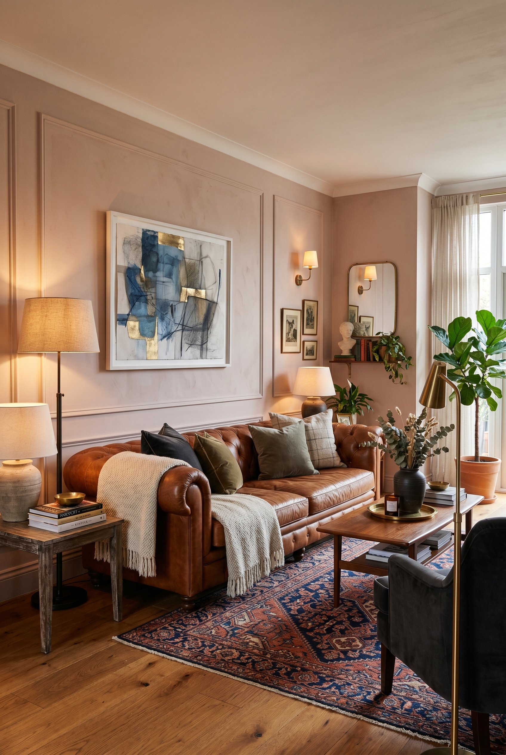 Photorealistic interior photo. Rich cognac leather sofa set against a muted blush pink wall, masculine and feminine decor mix, warm ambient lighting, 45-degree camera angle. Editorial photography styl