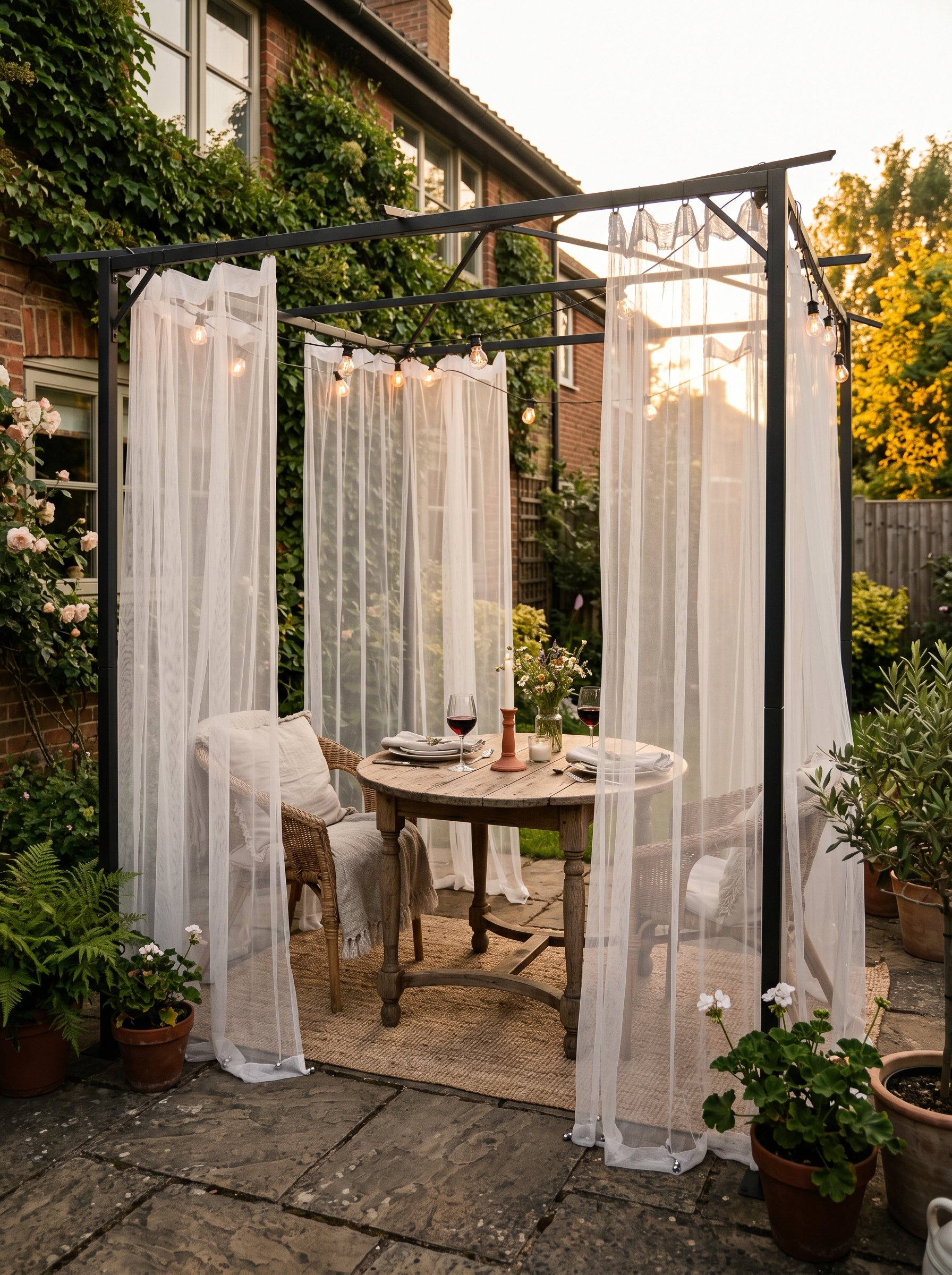Photorealistic interior photo. Romantic outdoor dining area enclosed by sheer white mosquito netting hanging from a black metal pergola. Weighted hems on the curtains. Golden hour lighting. Editorial 