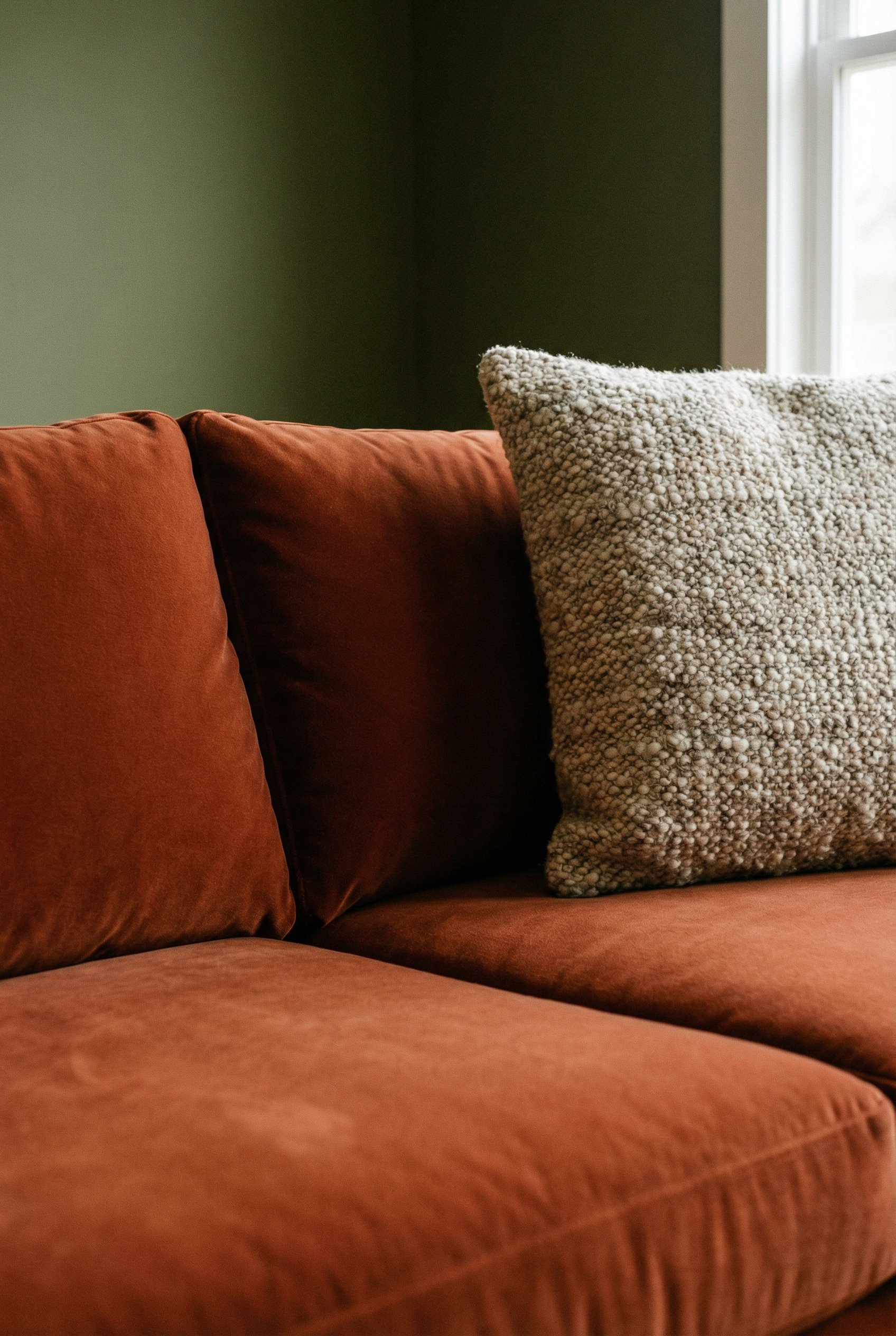 Photorealistic interior photo. Rust-colored performance velvet sofa, deep olive green walls, thick textured throw pillow, close up on the fabric. Editorial photography style, no people visible.
