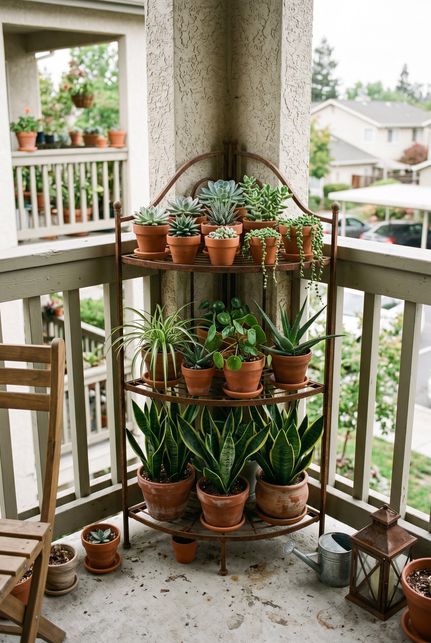 Photorealistic interior photo. Rusted iron quarter-circle corner plant stand on a balcony, tiered with various succulents on top and snake plants on the bottom, soft diffused lighting, eye-level angle