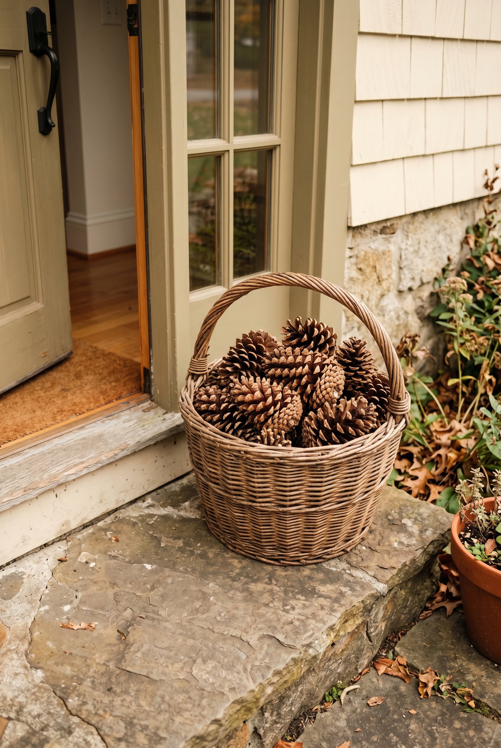 Photorealistic interior photo. Rustic woven basket overflowing with large natural pinecones, sitting on a stone porch step. Natural soft daylight, close-up focus on the pinecones, editorial photograph