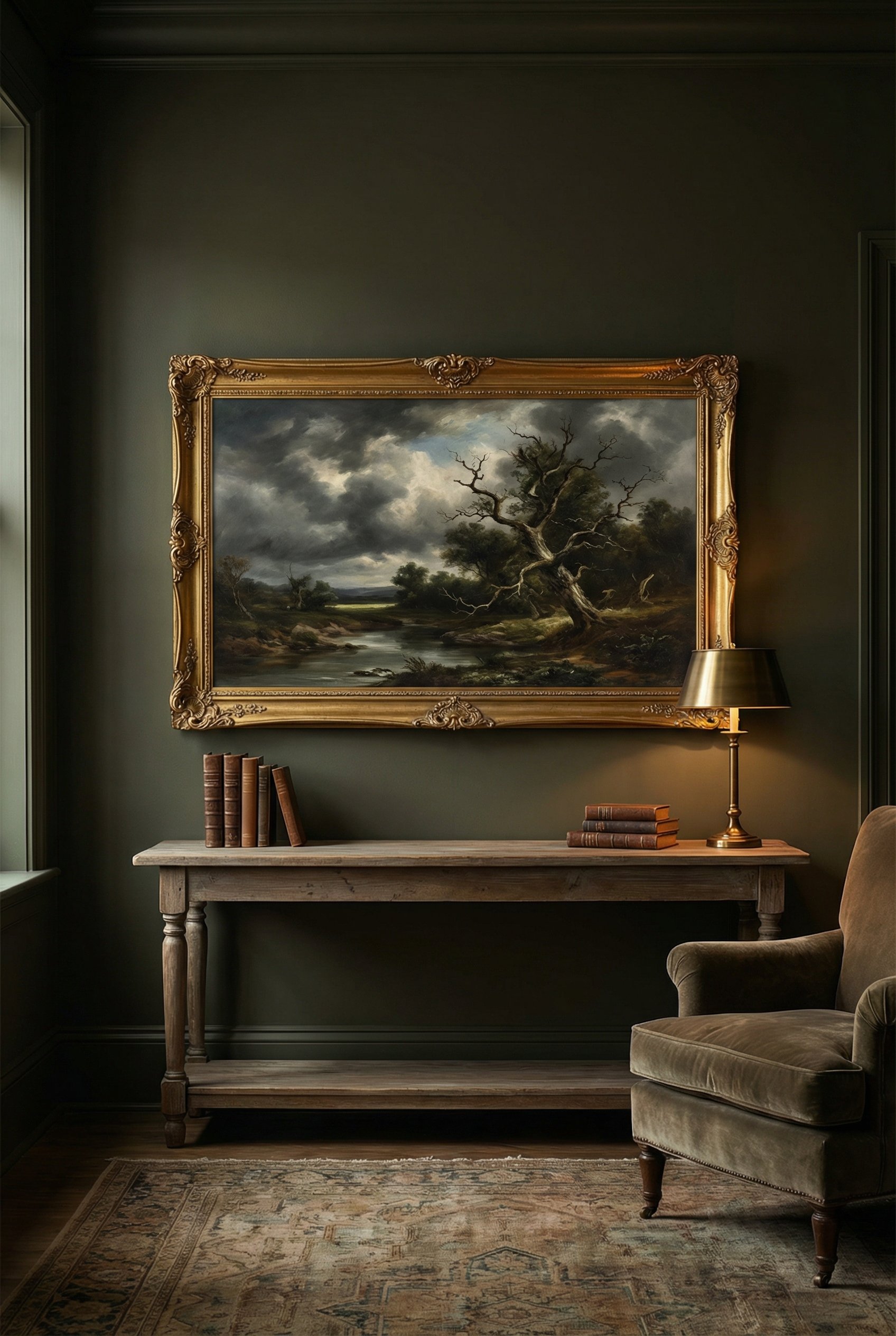 Photorealistic interior photo. Samsung Frame TV displaying a moody vintage landscape painting, framed in an ornate gilded gold frame on a dark green wall. Dim, moody lighting, straight-on camera angle