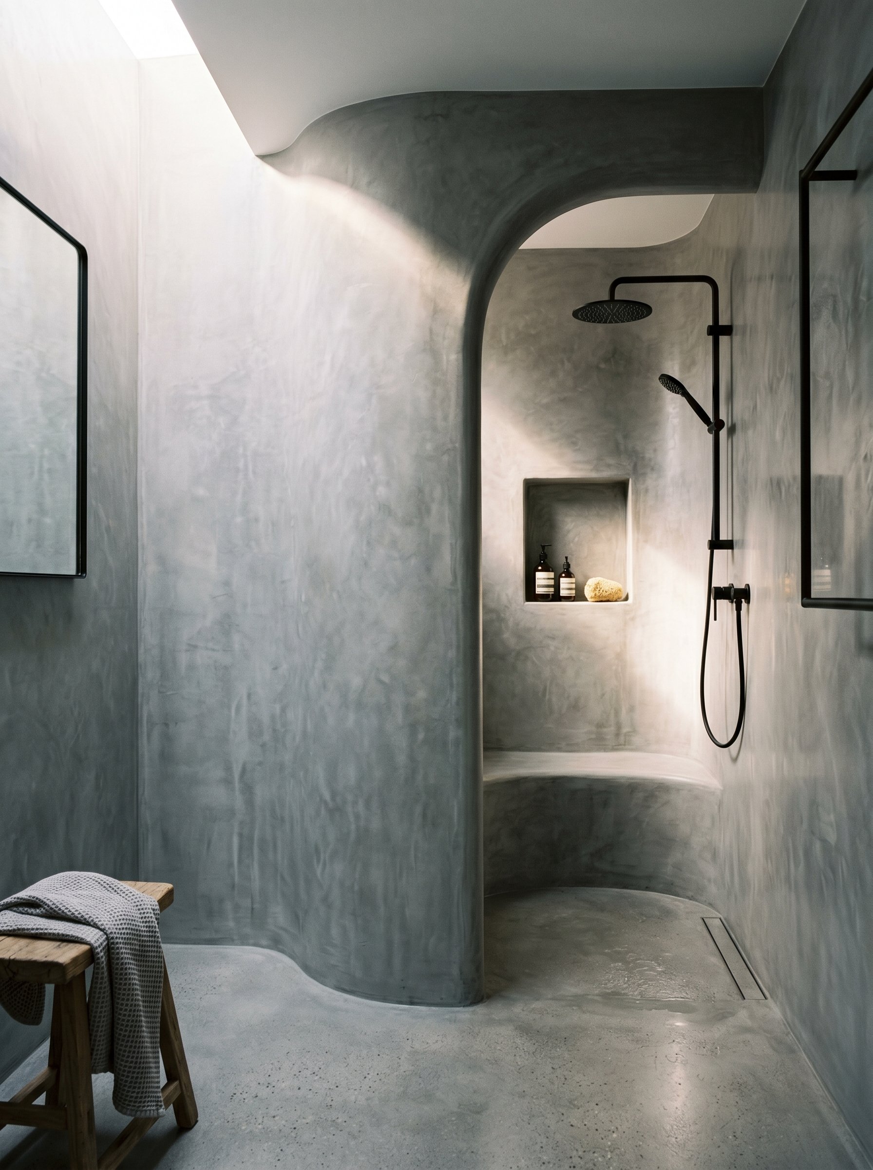 Photorealistic interior photo. Seamless grey Moroccan Tadelakt plaster bathroom wall curving into a shower space, smooth satin finish, grazing light highlighting the plaster texture, medium angle shot