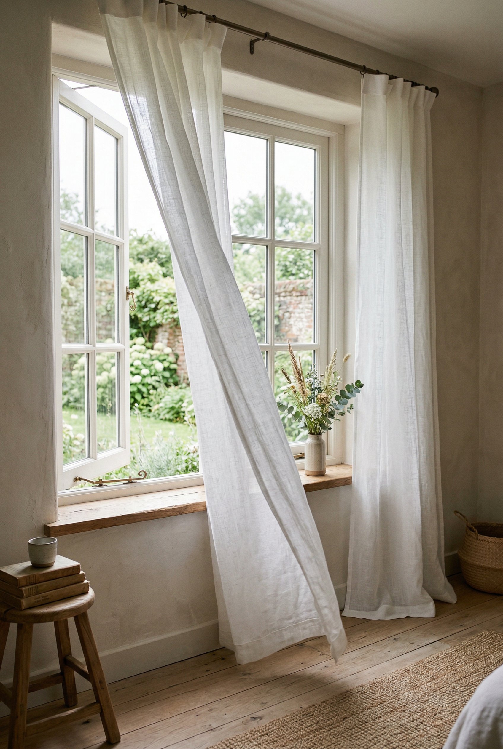 Photorealistic interior photo. Sheer white Belgian flax linen curtains blowing slightly in the breeze next to an open window. Soft diffused sunlight. Editorial photography style, no people visible.