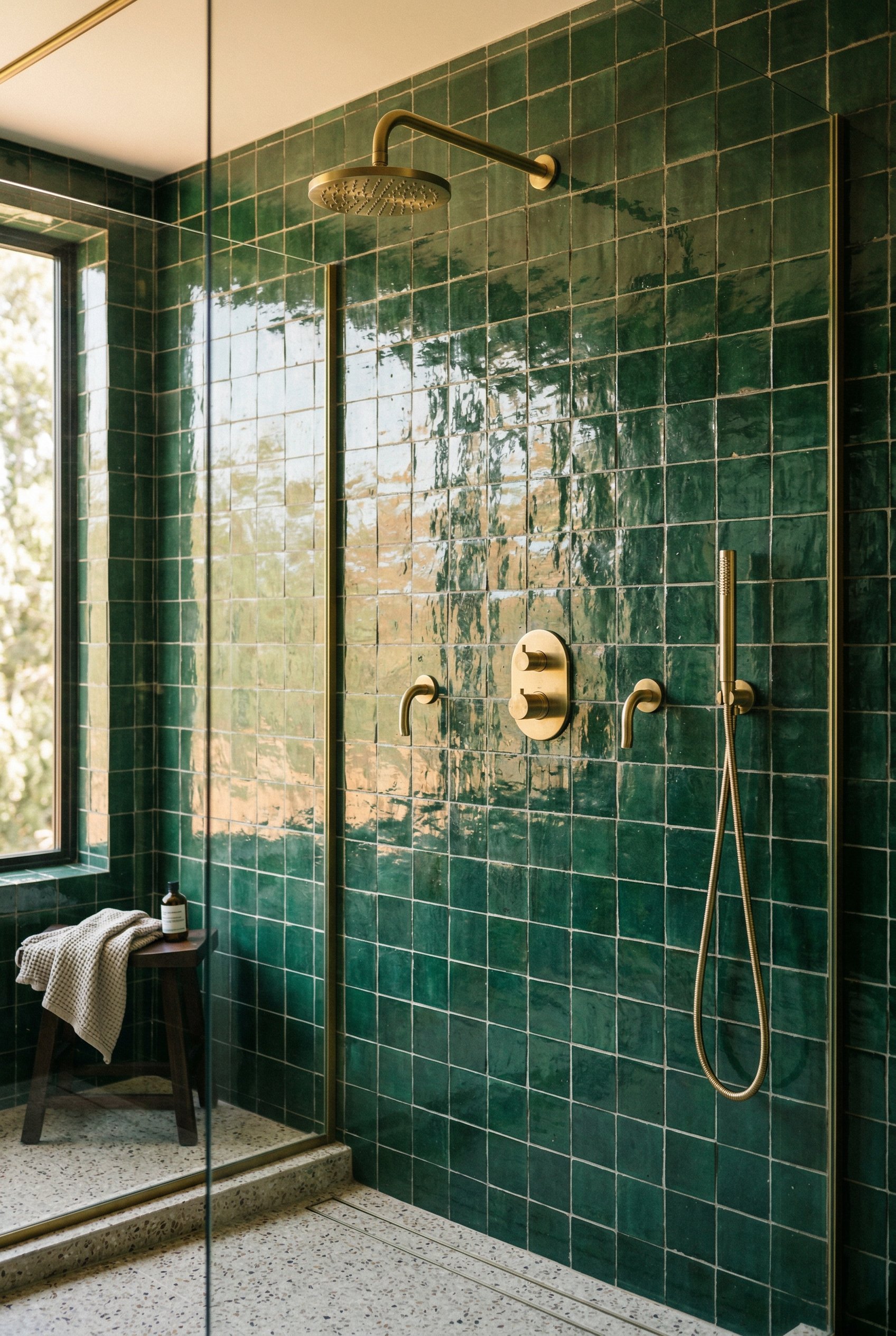 Photorealistic interior photo. Shower wall covered in glossy emerald green Zellige tiles. Irregular handmade texture reflecting warm light. Brass shower fixtures. Editorial photography style, no peopl