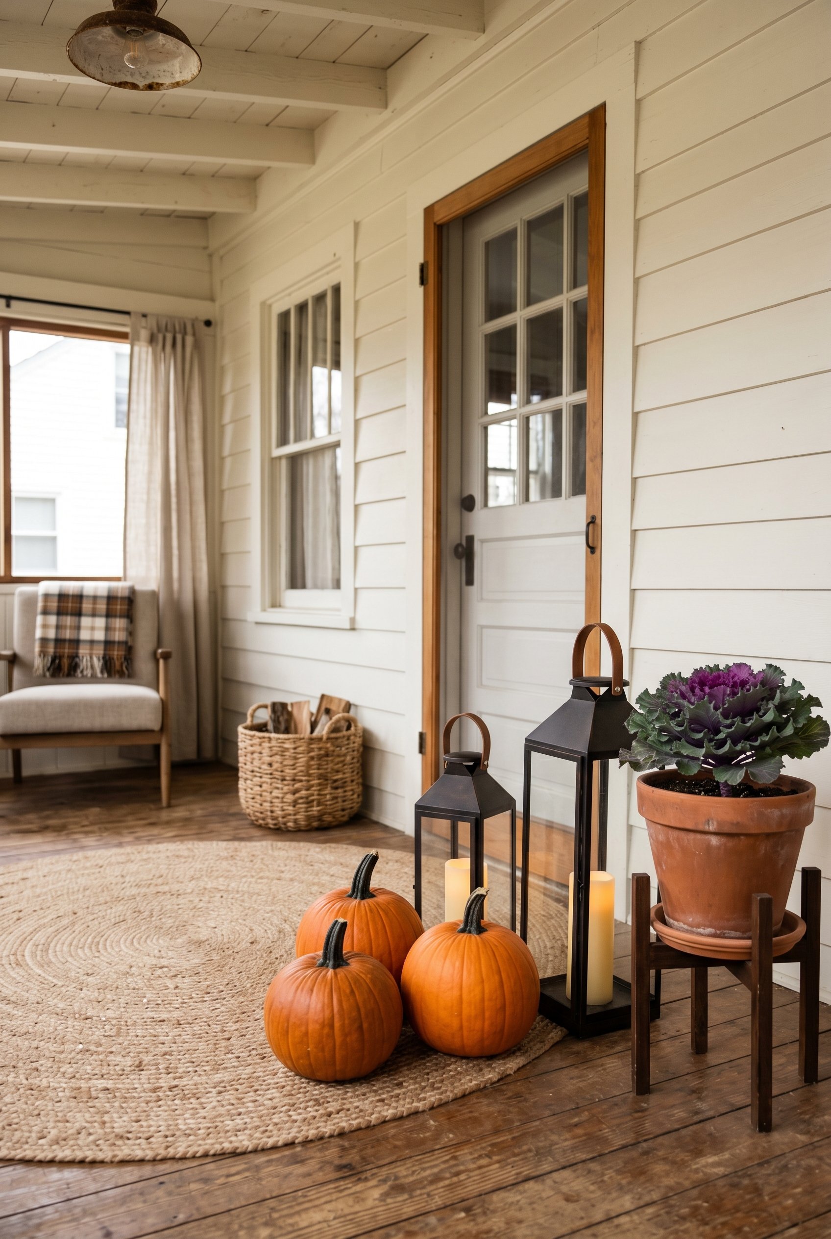 Photorealistic interior photo. Simple, budget-friendly porch setup with a woven base rug, three medium orange pumpkins, two tall dark metal lanterns, and a potted ornamental kale plant. Direct, honest