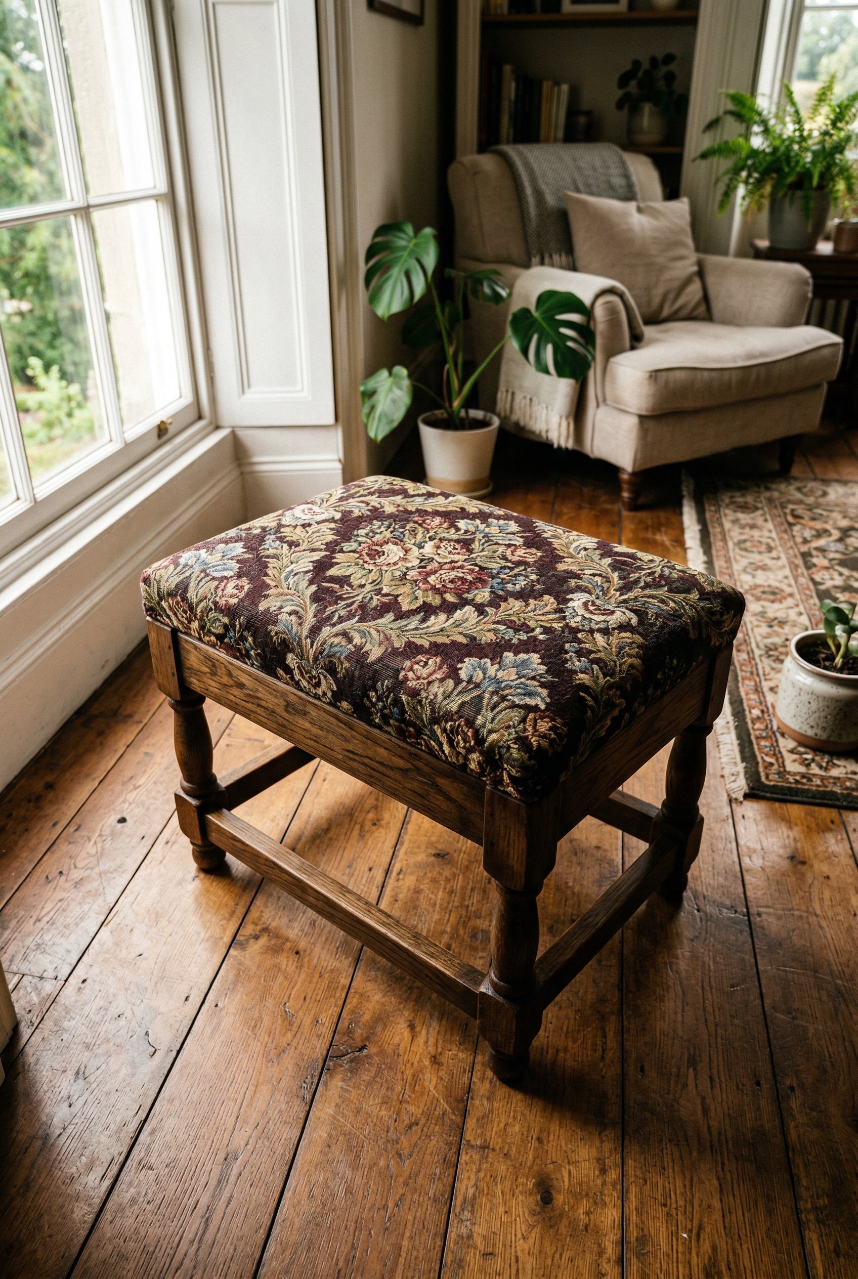 Photorealistic interior photo. Simple wooden footstool newly upholstered in heavy vintage floral damask fabric, sitting on a hardwood floor, dramatic natural window light, high angle. Editorial photog