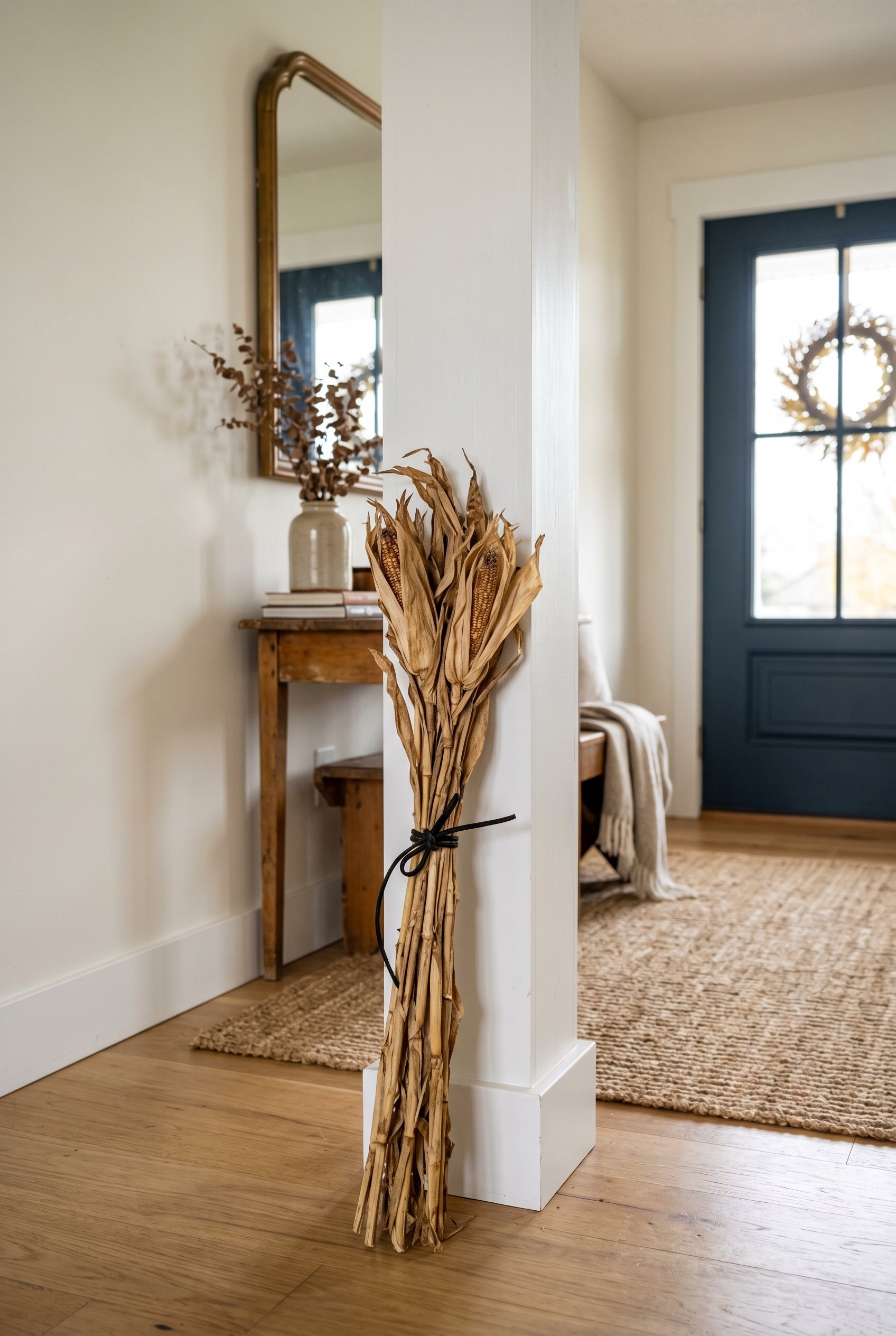 Photorealistic interior photo. Single, slim bundle of dried corn stalks tightly bound with black leather cord, leaning against a modern white porch pillar. Minimalist styling, bright overcast lighting