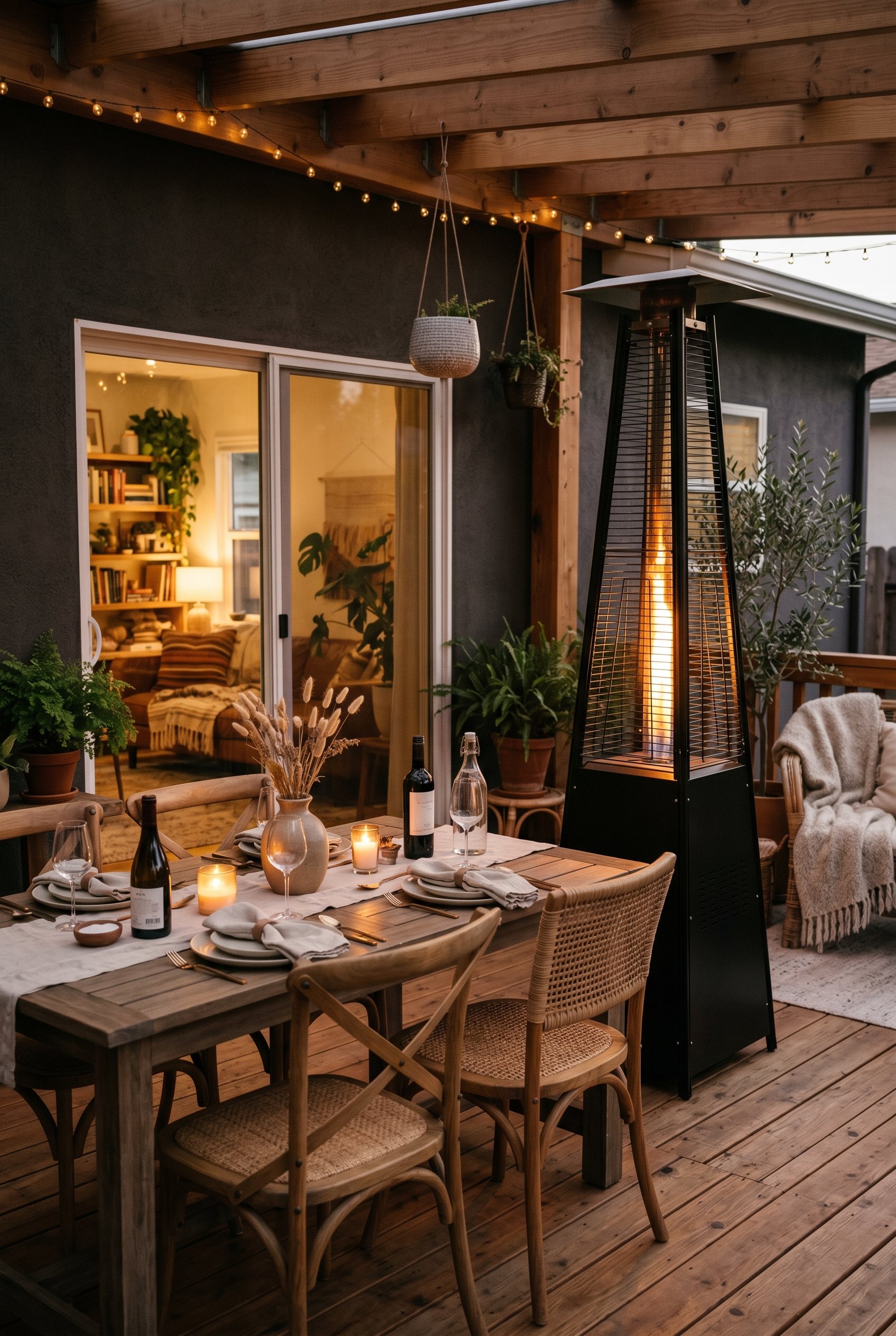 Photorealistic interior photo. Sleek black glass tube pyramid patio heater standing next to an elegant outdoor dining table. Evening lighting, warm fire glow. Editorial photography style, no people vi