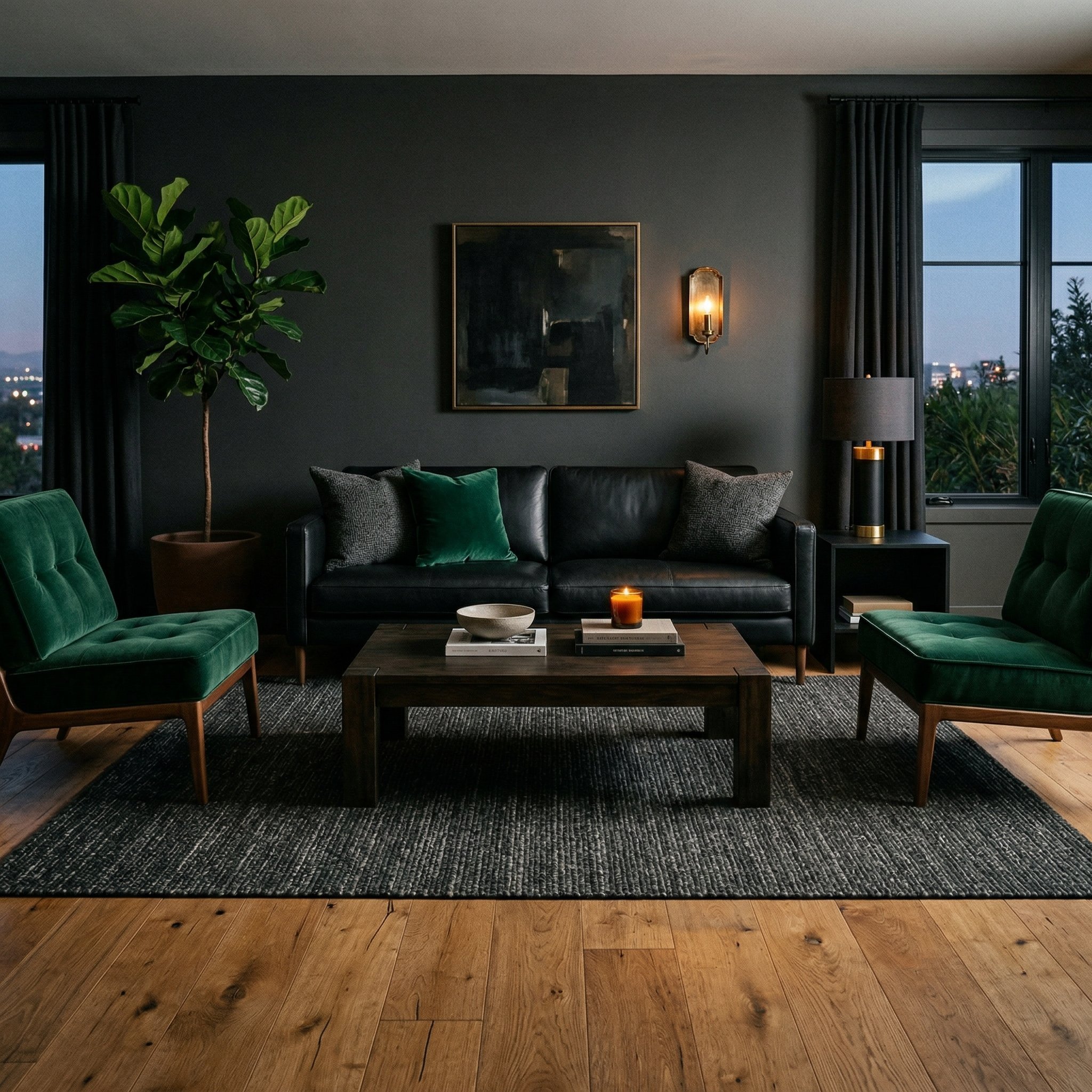 Photorealistic interior photo. Sleek black sofa facing two velvet emerald green accent chairs, warm wood floors, moody atmosphere, straight-on camera angle. Editorial photography style, no people visi
