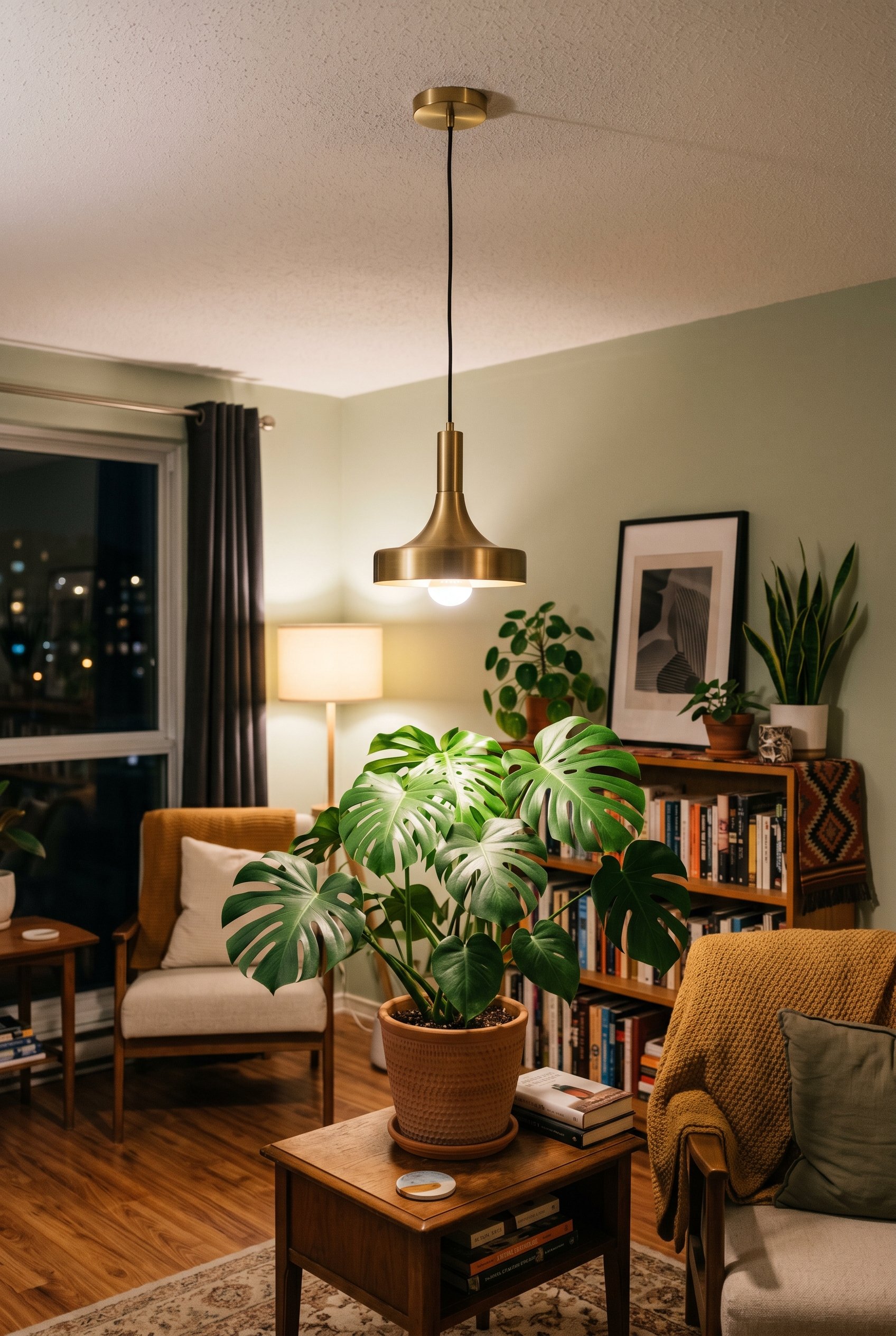 Photorealistic interior photo. Sleek brass pendant grow light hanging from the ceiling over a large Monstera plant. Ambient room lighting, cozy evening feel. Editorial photography style, no people vis