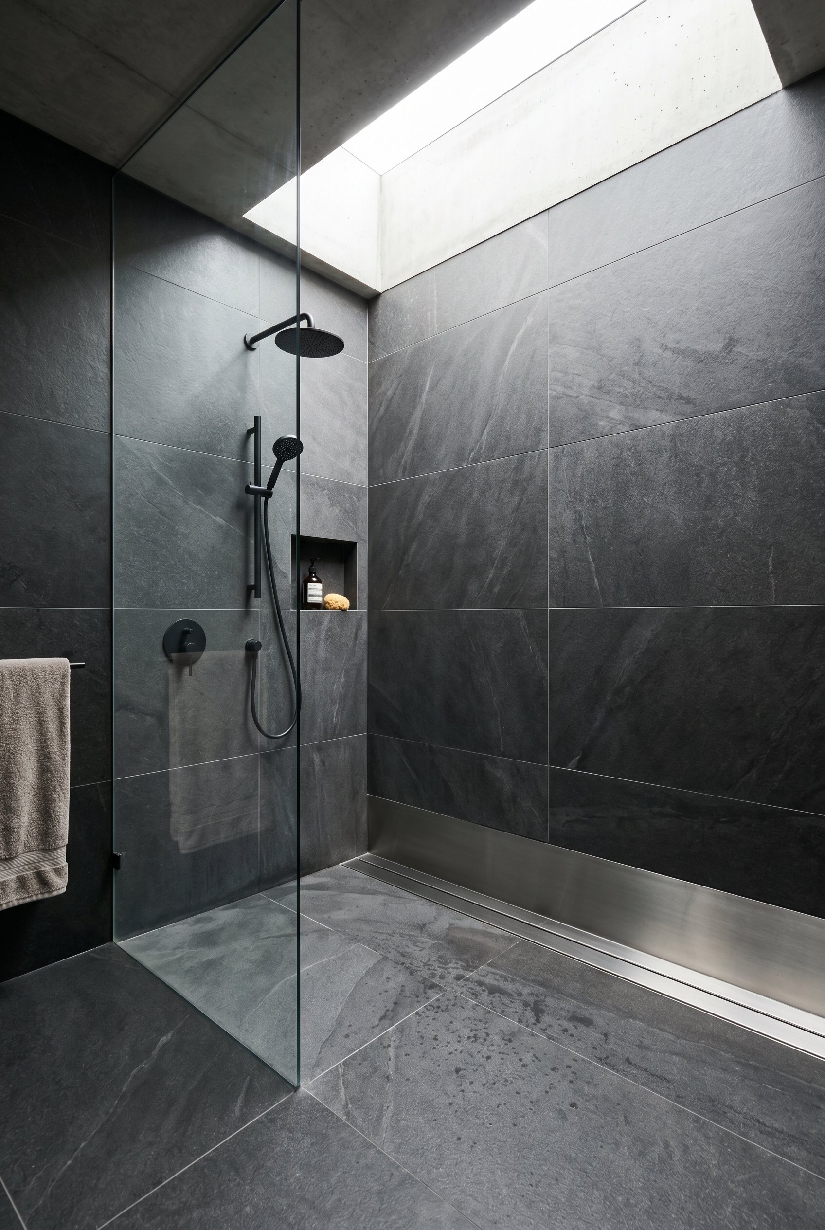 Photorealistic interior photo. Sleek curbless shower with a linear infinity drain, large format dark grey stone tiles, bright natural skylight lighting, wide angle corner shot. Editorial photography s
