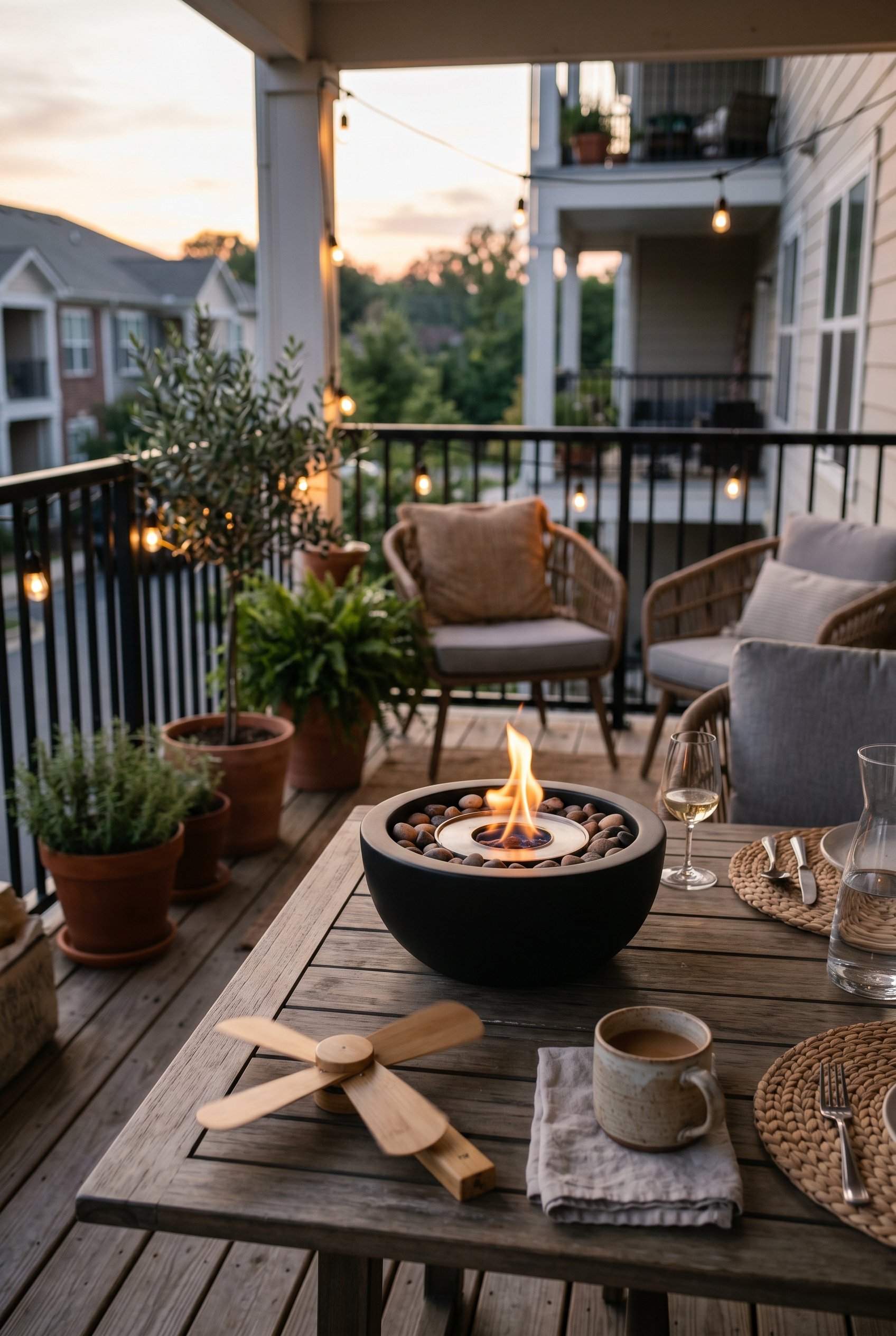 Photorealistic interior photo. Sleek matte black tabletop fire bowl sitting on a modern outdoor dining table. Bamboo fly fans nearby. Soft evening lighting, shallow depth of field. Editorial photograp
