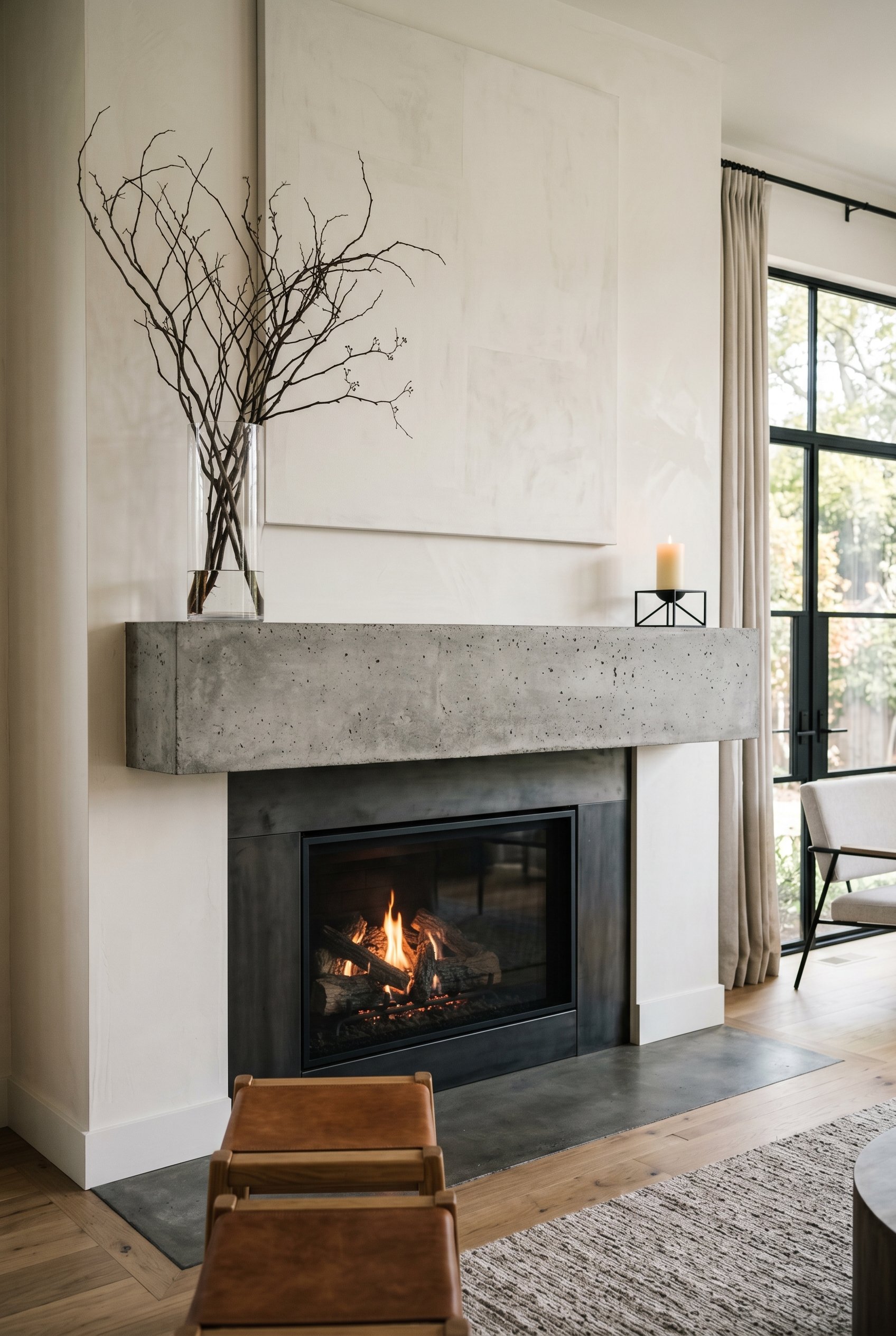 Photorealistic interior photo. Sleek modern concrete fireplace mantel. Asymmetrical styling with a tall glass vase of bare branches on the far left, bare space in the middle, and one low geometric can