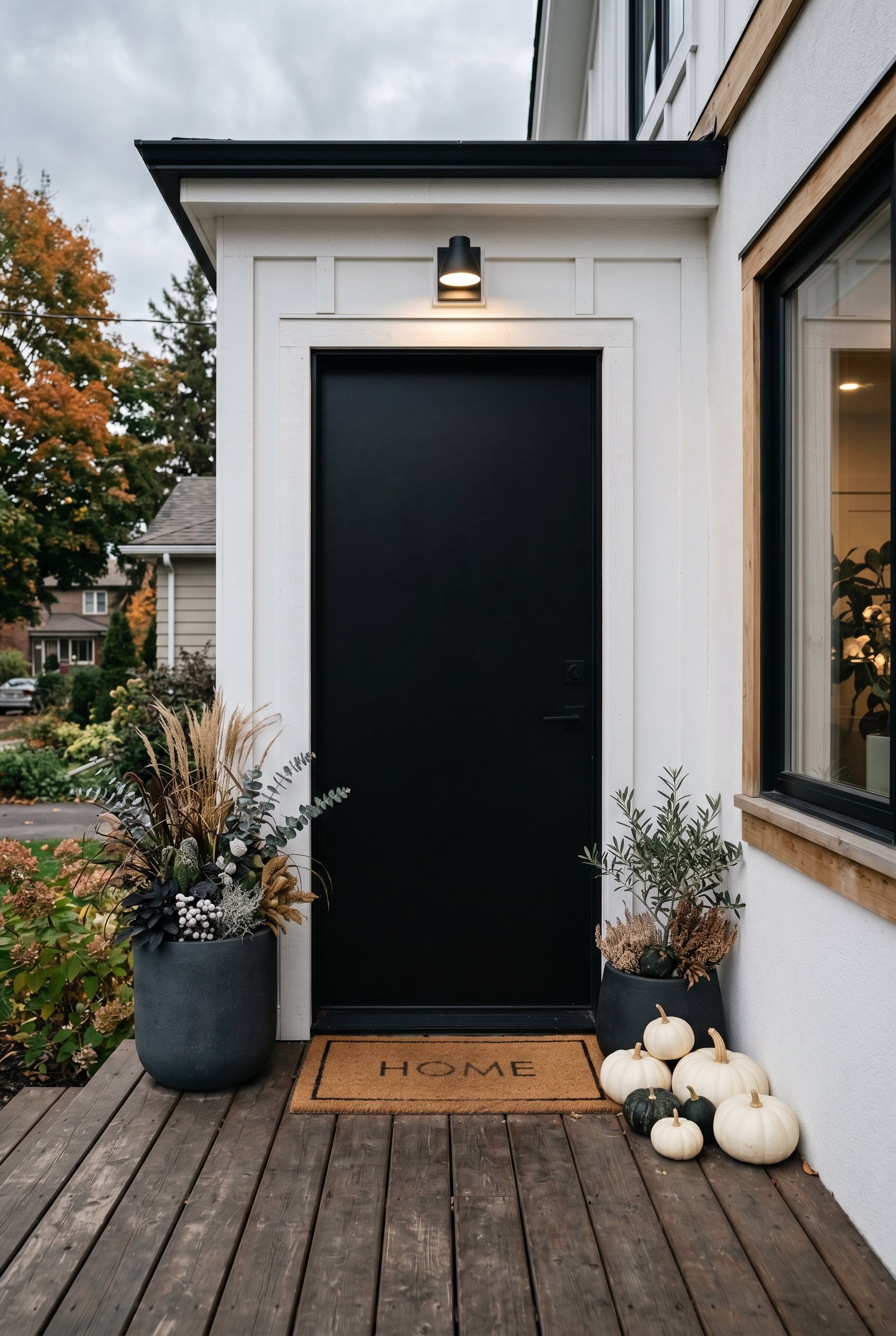 Photorealistic interior photo. Sleek modern minimalist porch, matte black front door, white Lumina pumpkins, dark charcoal ceramic planters. Moody overcast lighting, straight-on camera angle, editoria