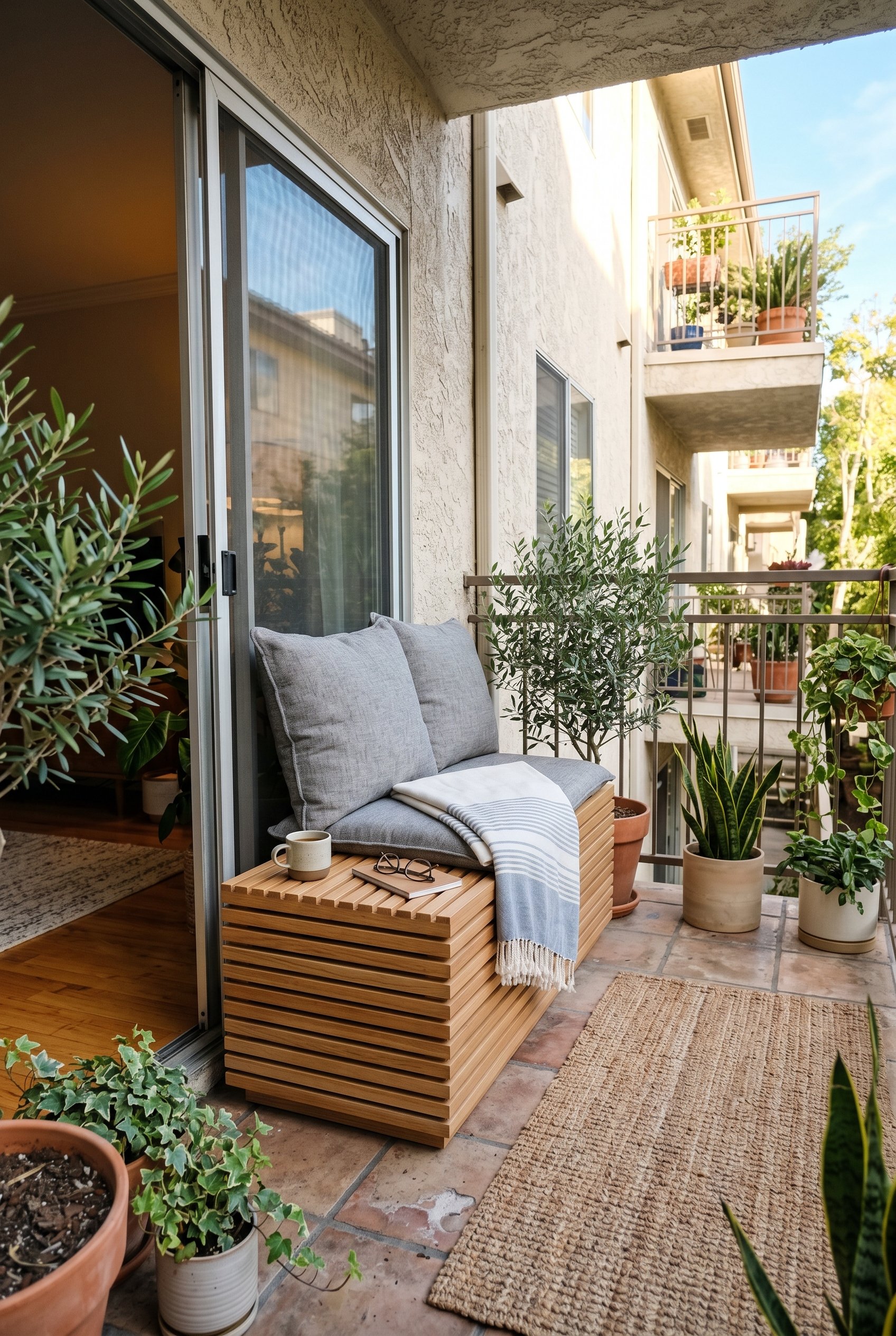 Photorealistic interior photo. Sleek slatted wooden storage bench on a small patio, topped with thick gray linen cushions and a folded striped throw blanket. Bright morning lighting, low angle. Editor