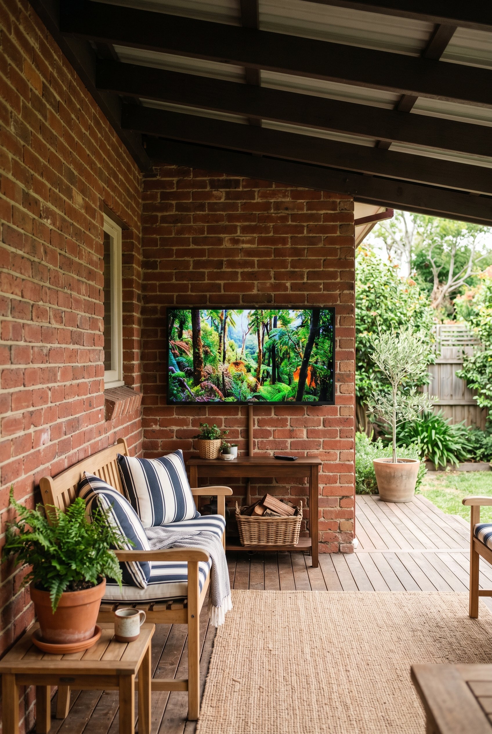 Photorealistic interior photo. Sleek weatherproof outdoor TV mounted on a brick wall under a deep awning, diffused daytime lighting, eye-level angle. Editorial photography style, no people visible.