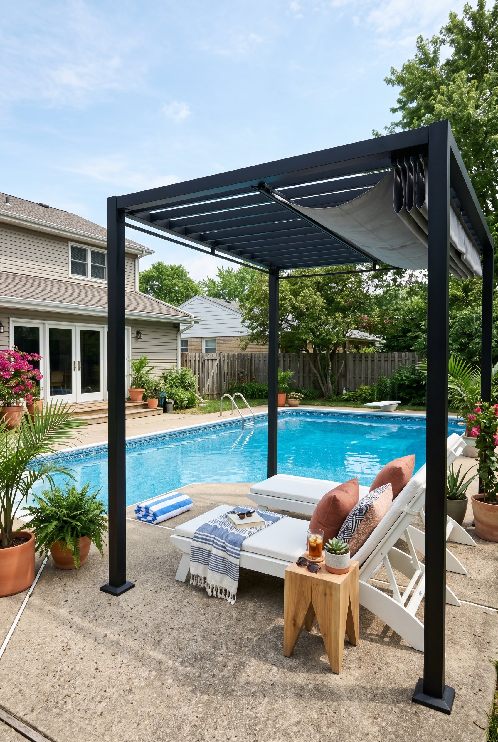 Photorealistic interior photo. Small 10x10 modern black pergola directly next to a swimming pool, two sleek white loungers underneath, concrete pool deck, bright summer daylight, wide angle. Editorial