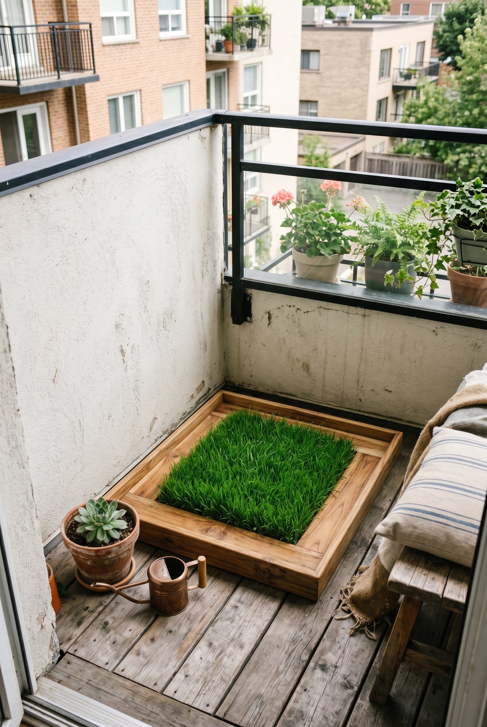 Photorealistic interior photo. Small apartment balcony corner featuring a custom shallow teak wood tray filled with a neat square of vibrant real green grass. Crisp natural light, high angle. Editoria