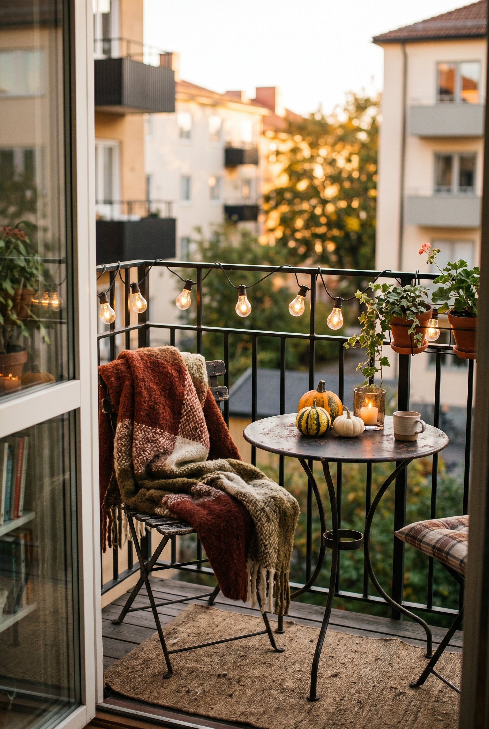 Photorealistic interior photo. Small apartment balcony, heavy outdoor blanket on a metal bistro chair, warm string lights woven through black metal railing, three small gourds on a table. Golden hour 