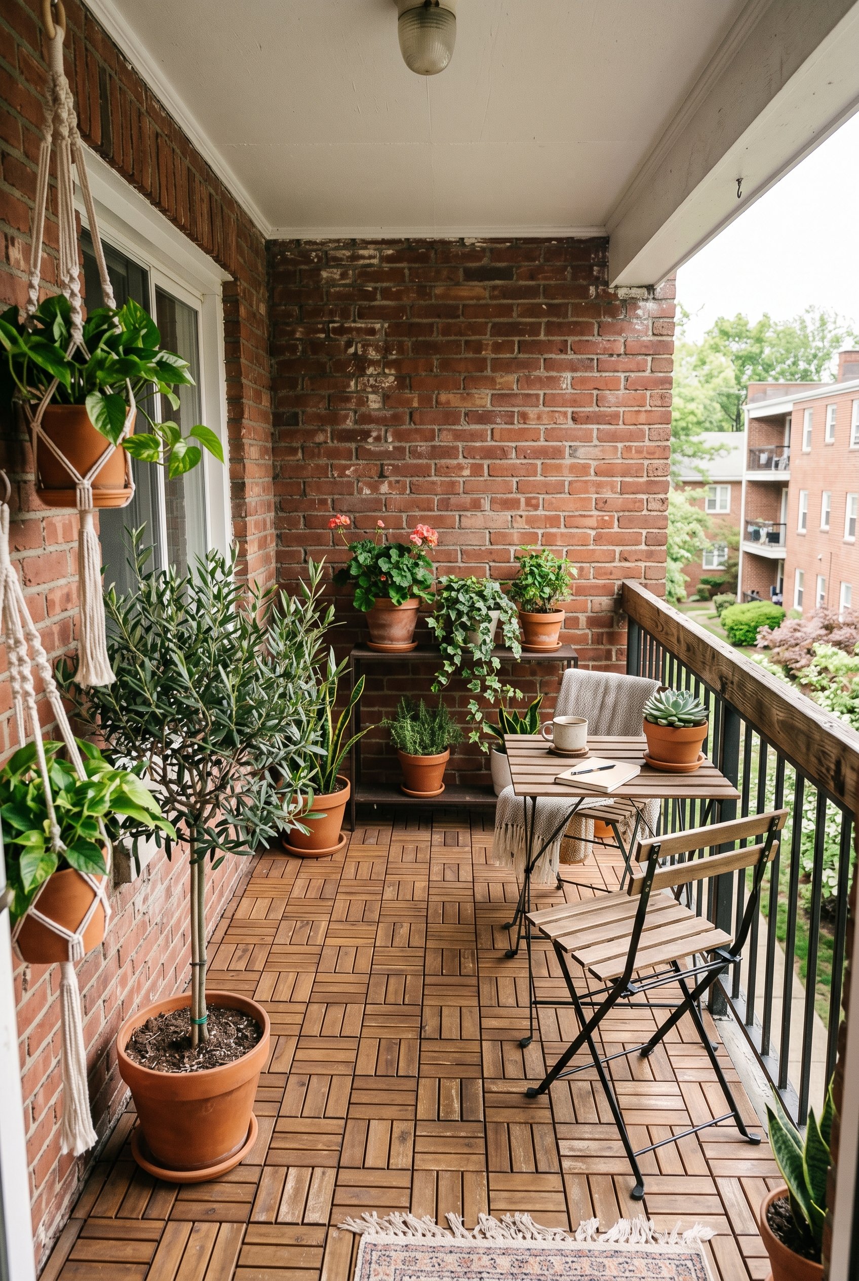 Photorealistic interior photo. Small balcony floor covered in interlocking acacia wood decking tiles, brick wall backdrop, bright indirect lighting, downward camera angle. Editorial photography style,