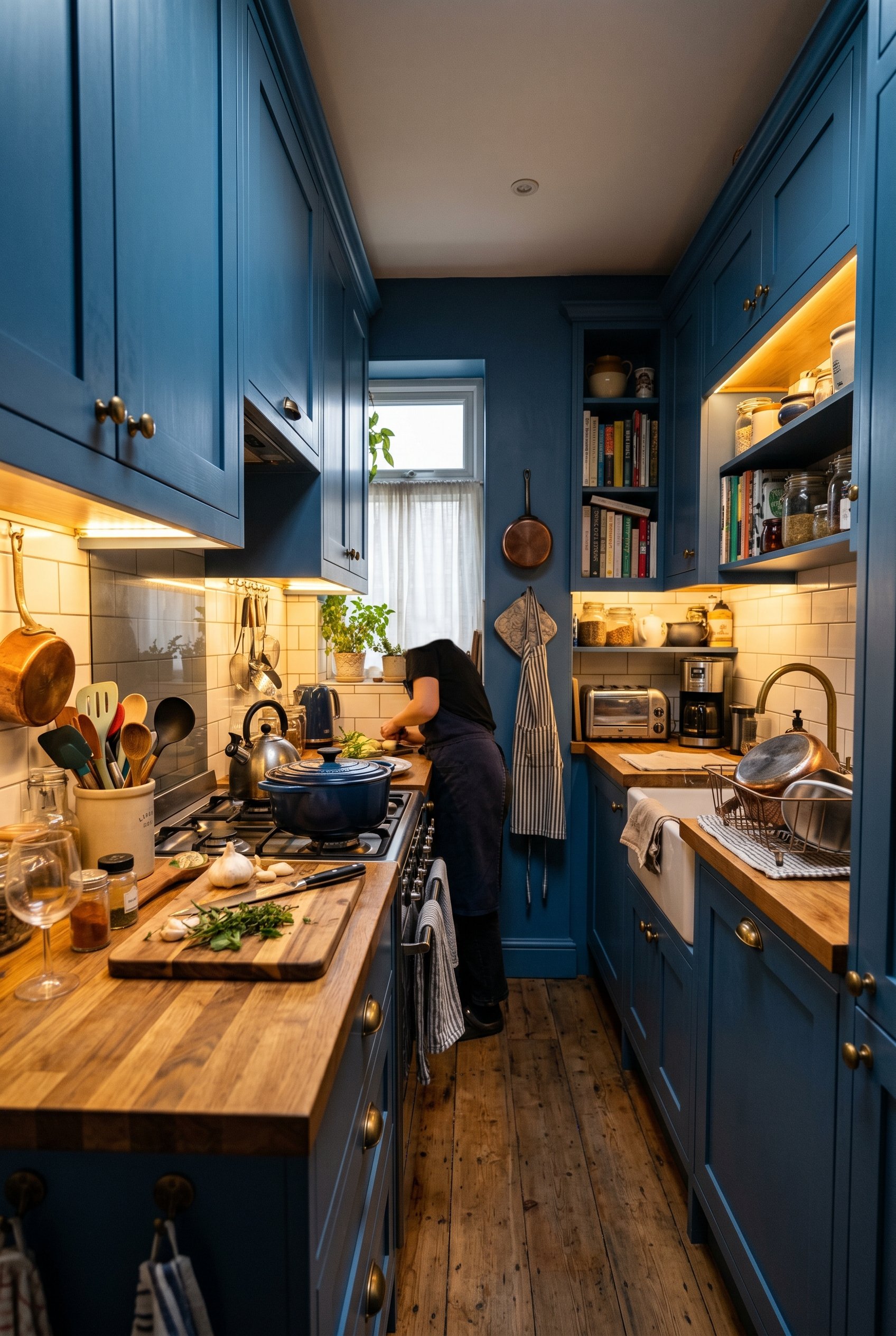 Photorealistic interior photo. Small, cramped galley kitchen painted French blue, heavily illuminated by warm 3000K under-cabinet LED lighting. Editorial photography style.