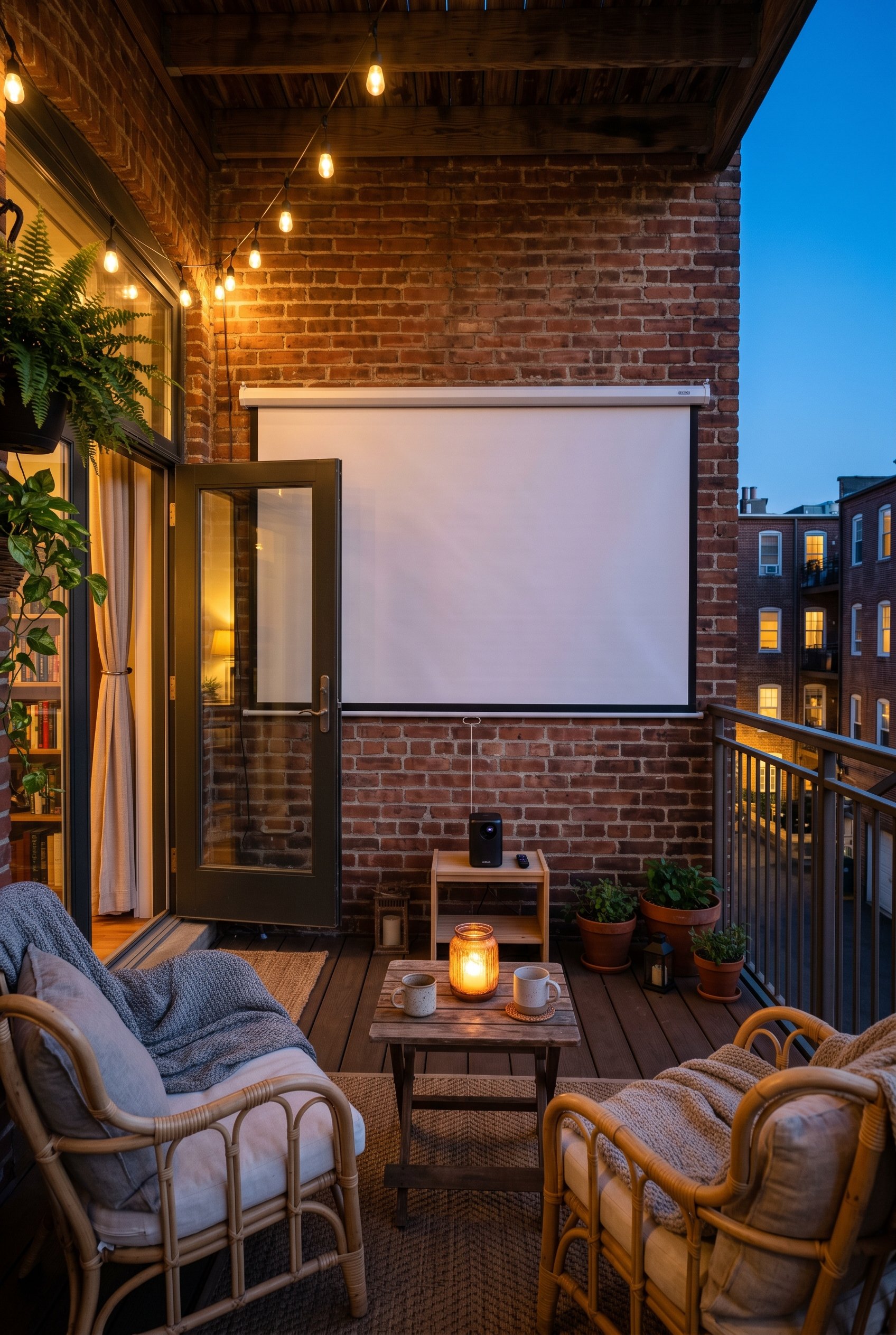 Photorealistic interior photo. Small deck featuring a clean white retractable roller screen pulled down against a brick wall, ready for a projector. Twilight ambient lighting, wide angle. Editorial ph