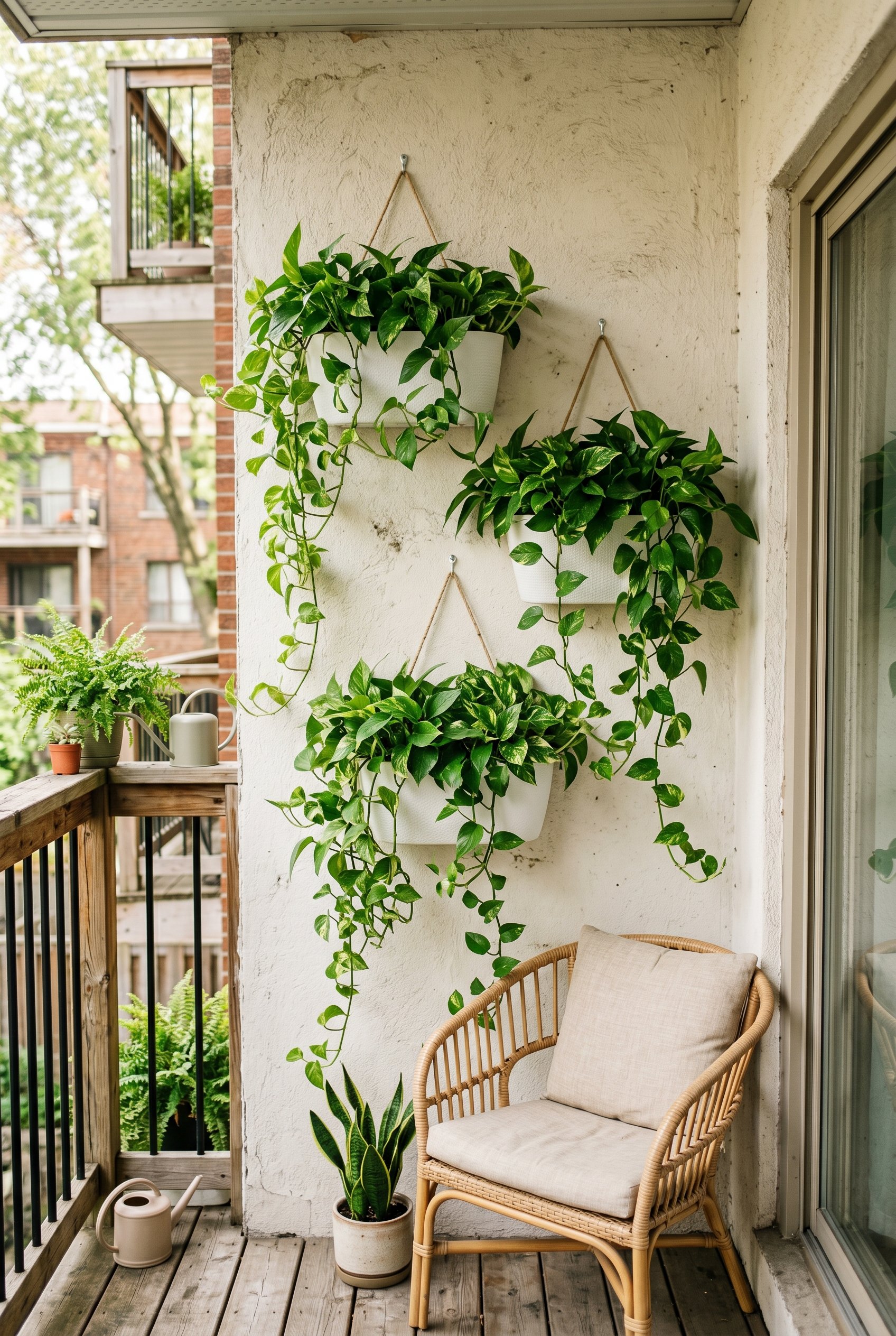 Photorealistic interior photo. Small deck wall featuring white modern recycled plastic planters hung on stucco, overflowing with lush green trailing pothos. Diffused afternoon daylight, straight-on ca