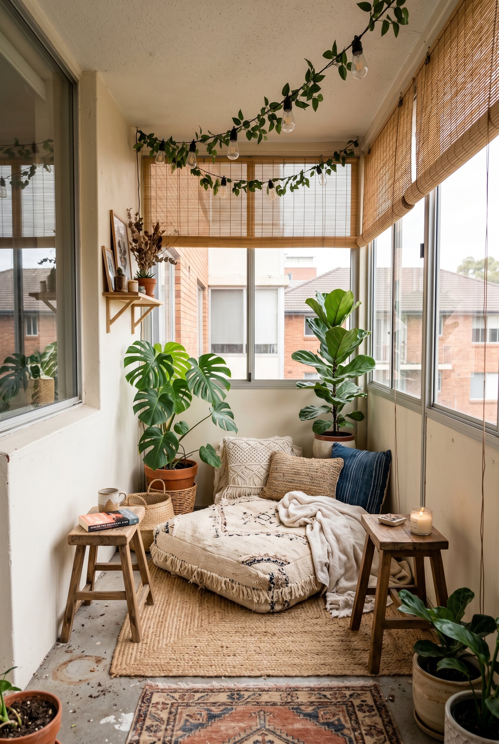 Photorealistic interior photo. Small enclosed apartment balcony styled as a boho sunroom. A large thick floor cushion, cheap bamboo blinds, tall leafy plants in the corners. Editorial photography styl