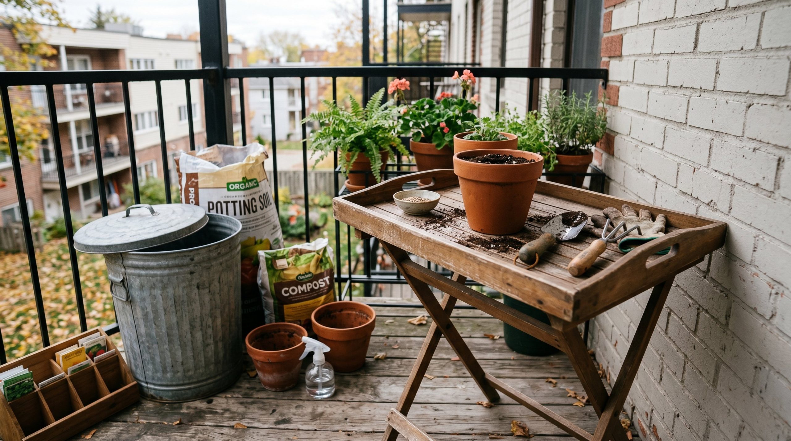 Photorealistic interior photo. Small foldable wooden tray table used as a potting bench on a balcony, a galvanized trash can with a lid next to it, bags of soil and small trowels, natural lighting, me